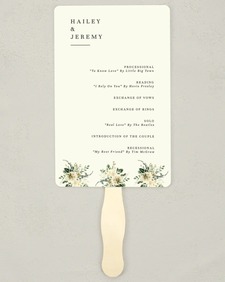 This is a 5" x 7⅞" Wedding Program Fan called Honest Bouquet printed in full color on Premium Smooth paper
