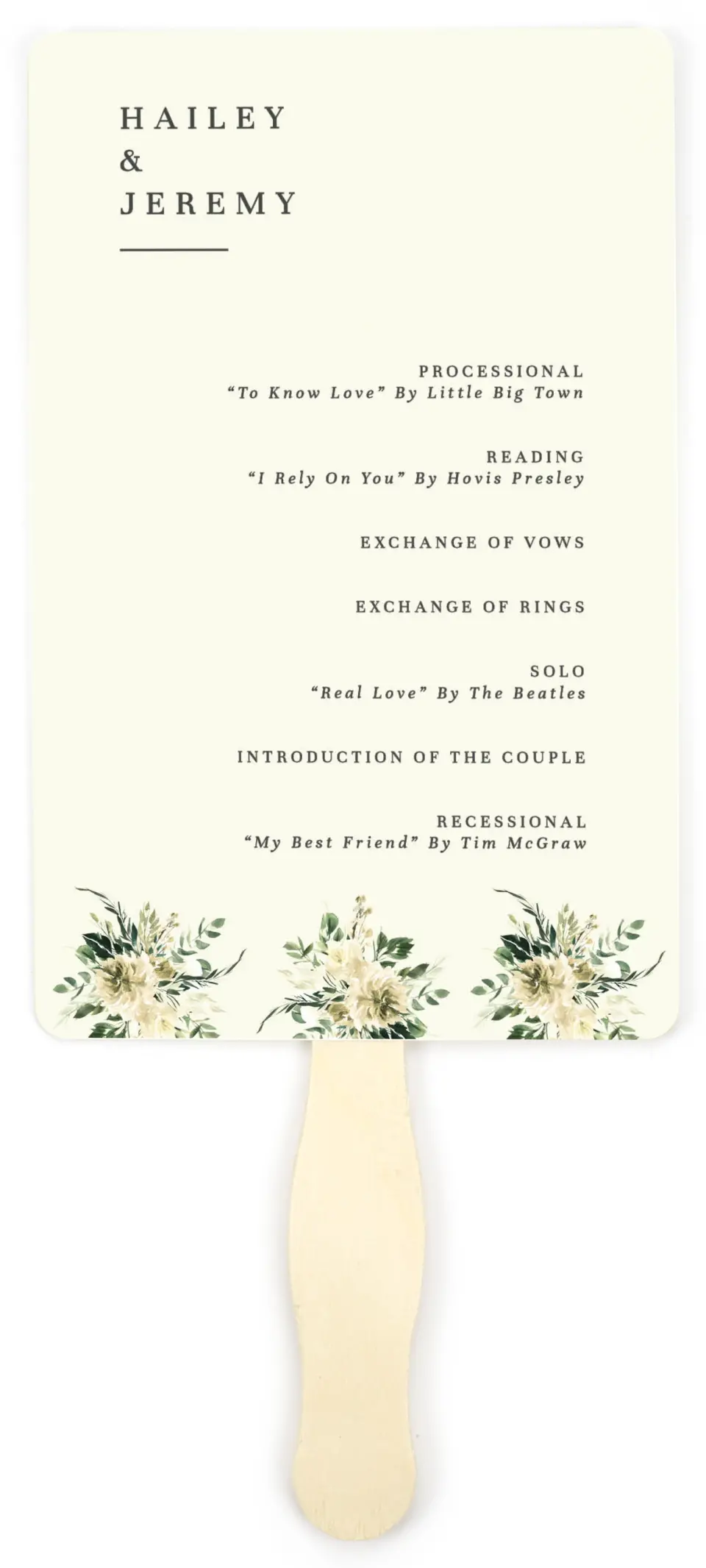This is a 5" x 7⅞" Wedding Program Fan called Honest Bouquet printed in full color on Premium Smooth paper