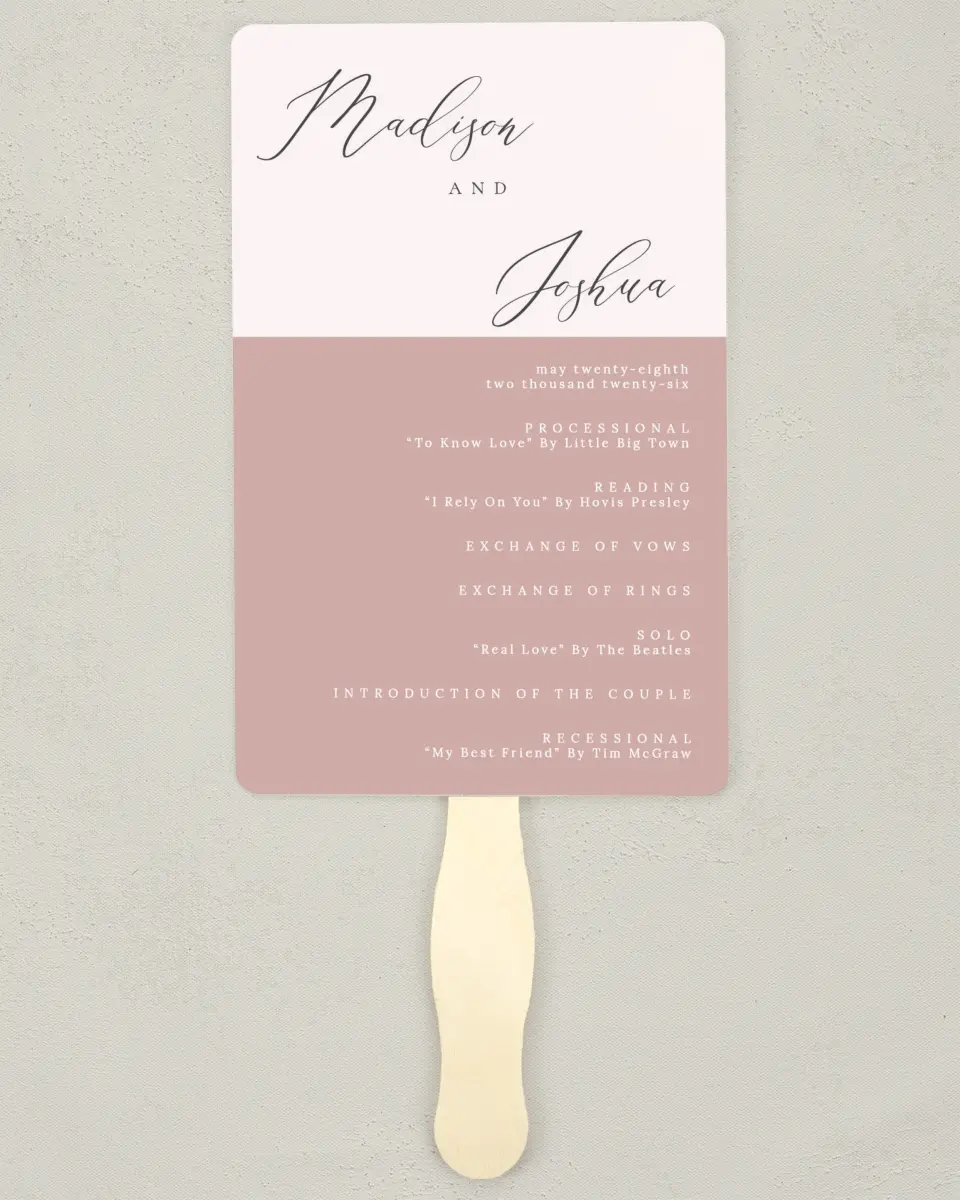 This is a 5" x 7⅞" Wedding Program Fan called Gentle Touch printed in full color on Premium Smooth paper