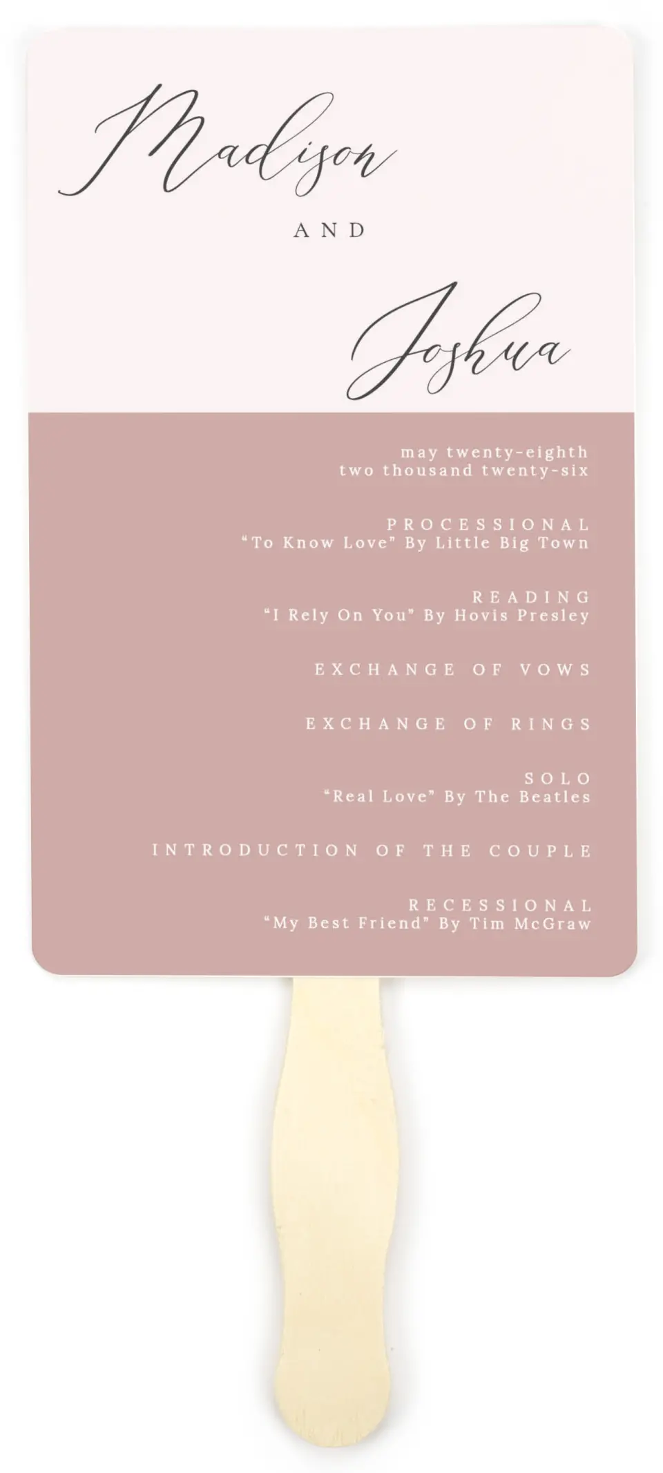 This is a 5" x 7⅞" Wedding Program Fan called Gentle Touch printed in full color on Premium Smooth paper