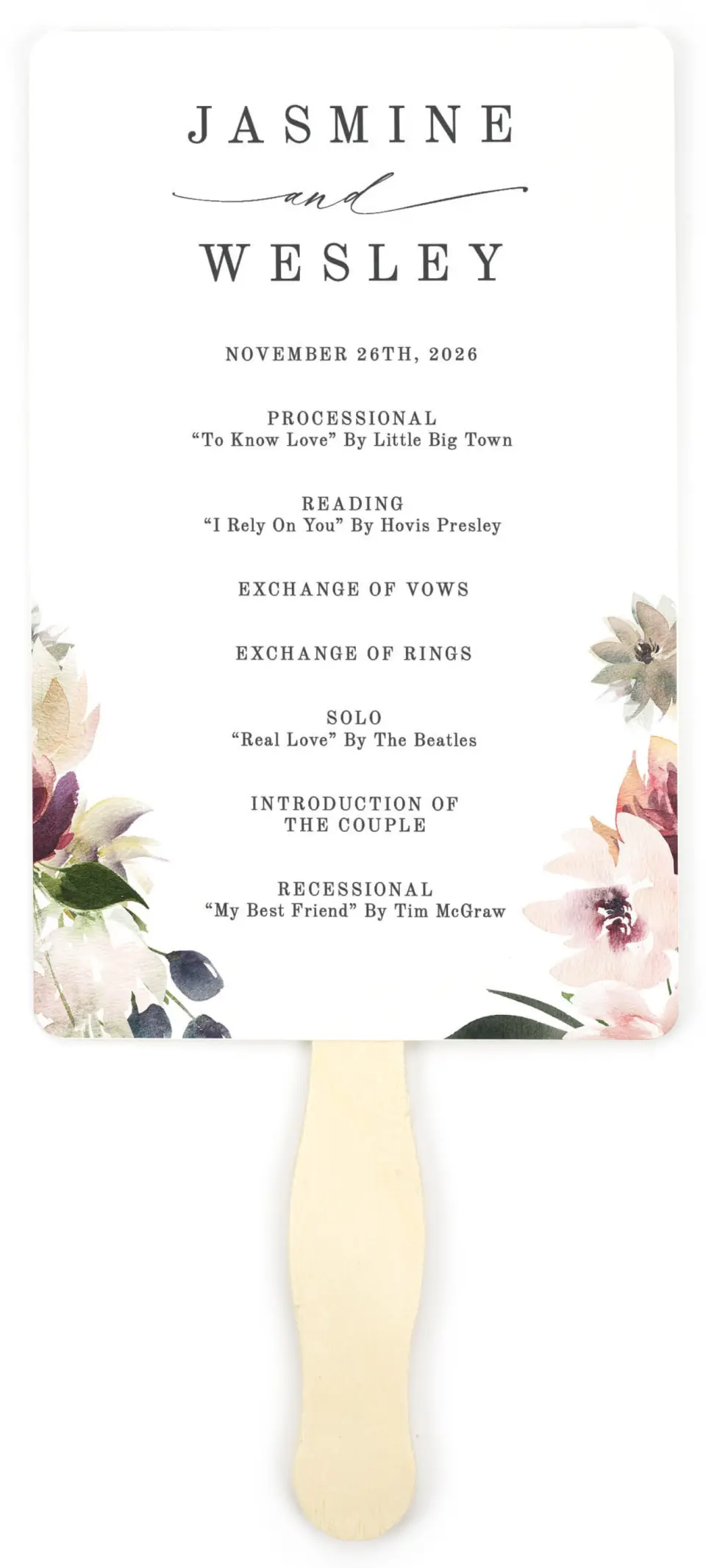 This is a 5" x 7⅞" Wedding Program Fan called Natural Floral printed in full color on Premium Smooth paper