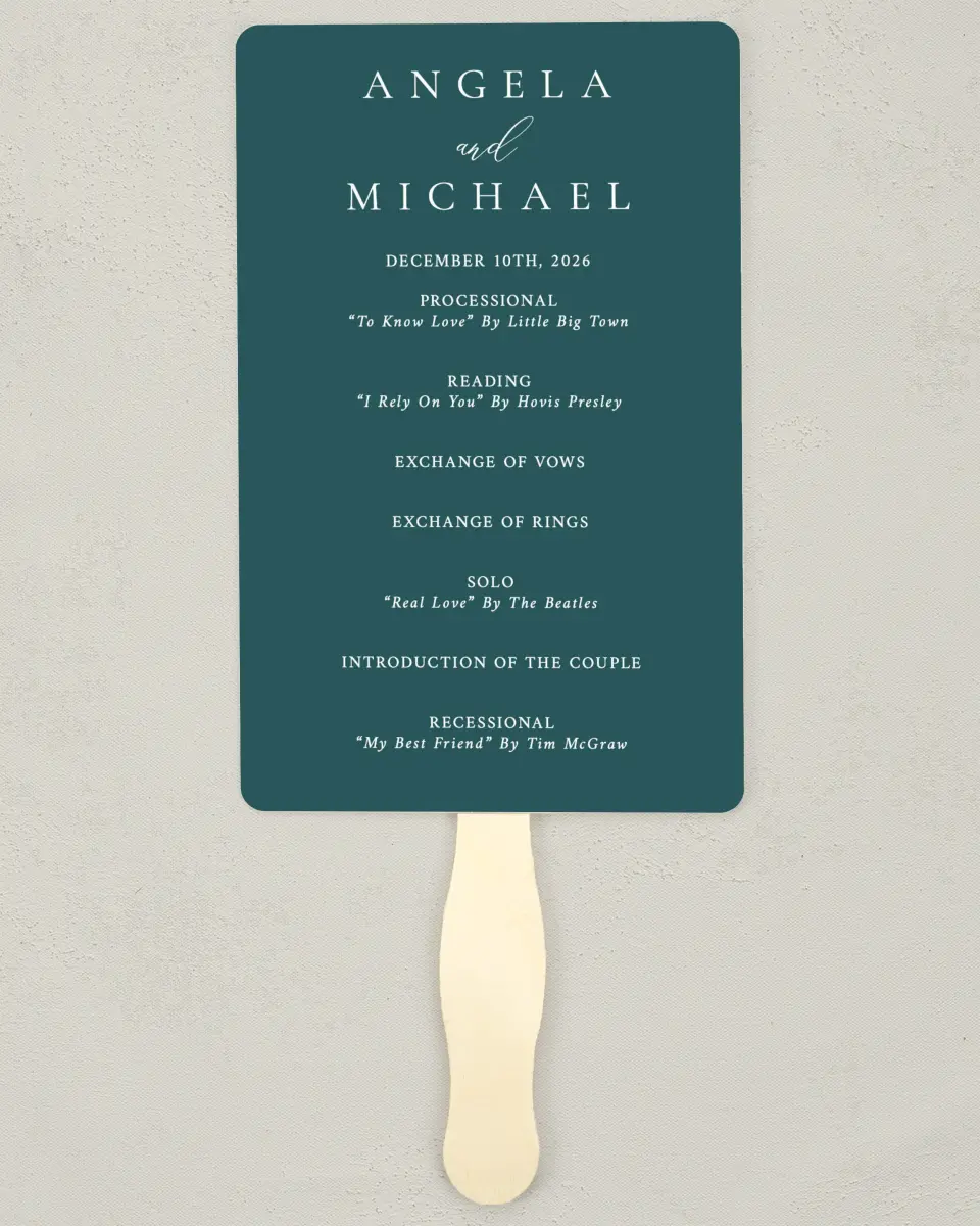 This is a 5" x 7⅞" Wedding Program Fan called Rich Structure printed in full color on Premium Smooth paper