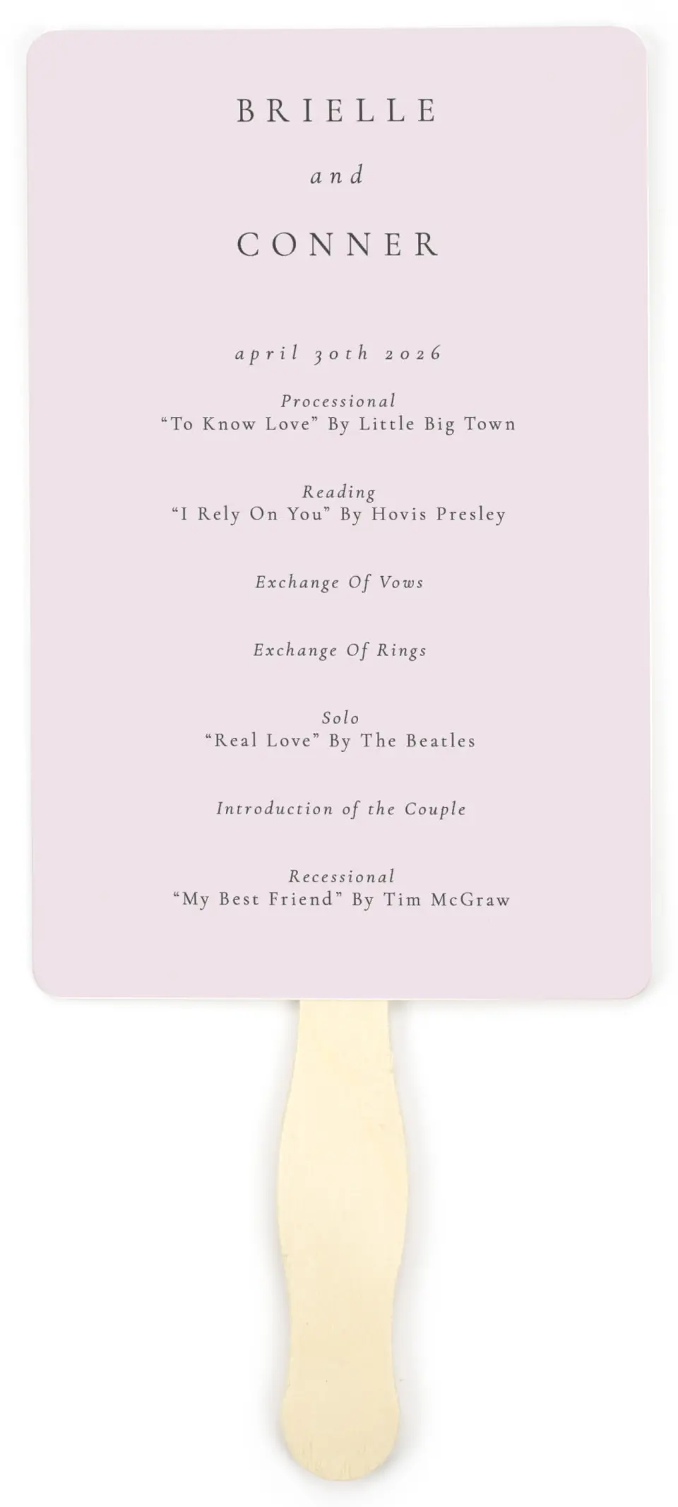 This is a 5" x 7⅞" Wedding Program Fan called Modest Moment printed in full color on Premium Smooth paper
