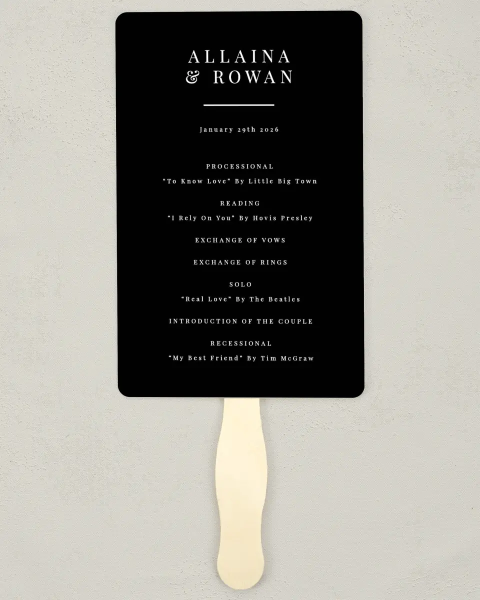 This is a 5" x 7⅞" Wedding Program Fan called Pure Devotion printed in full color on Premium Smooth paper