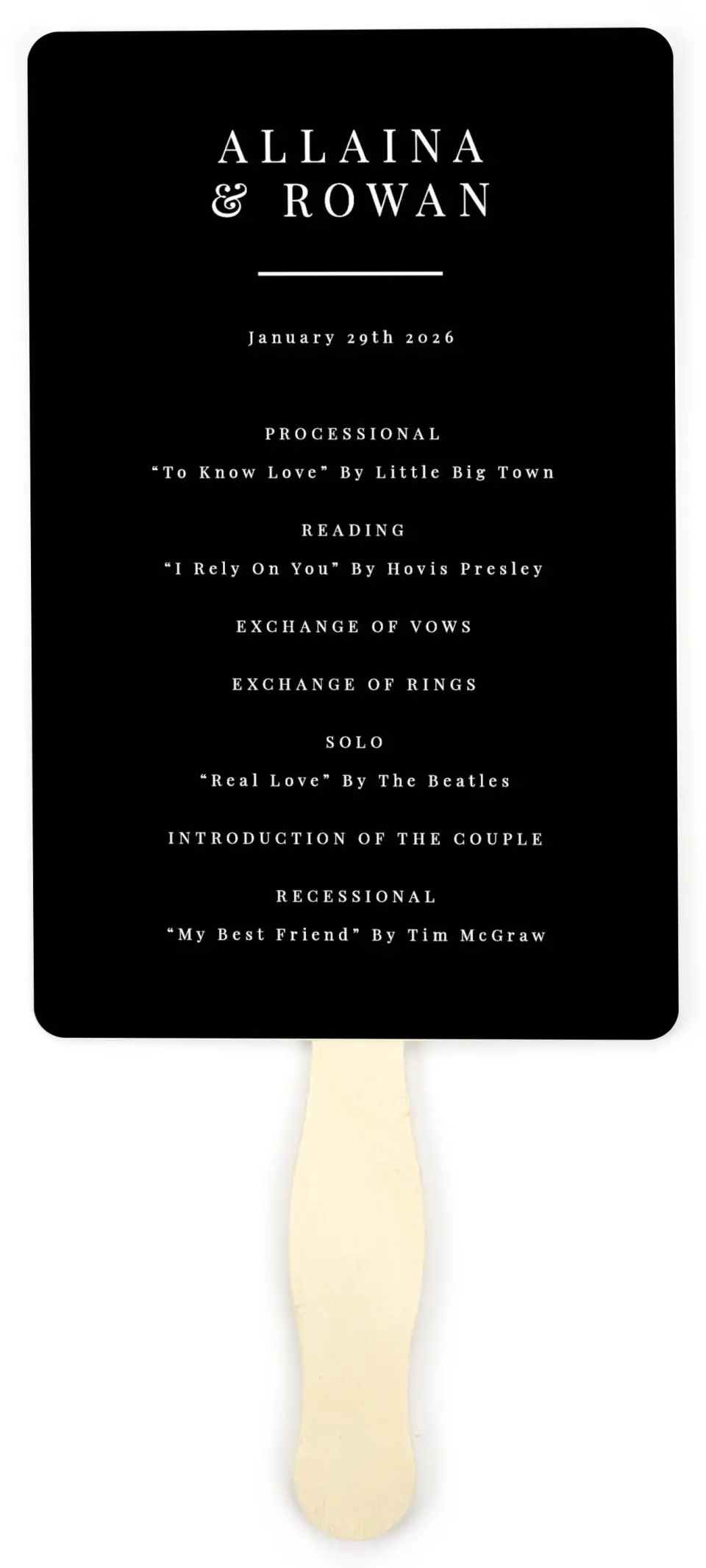 This is a 5" x 7⅞" Wedding Program Fan called Pure Devotion printed in full color on Premium Smooth paper