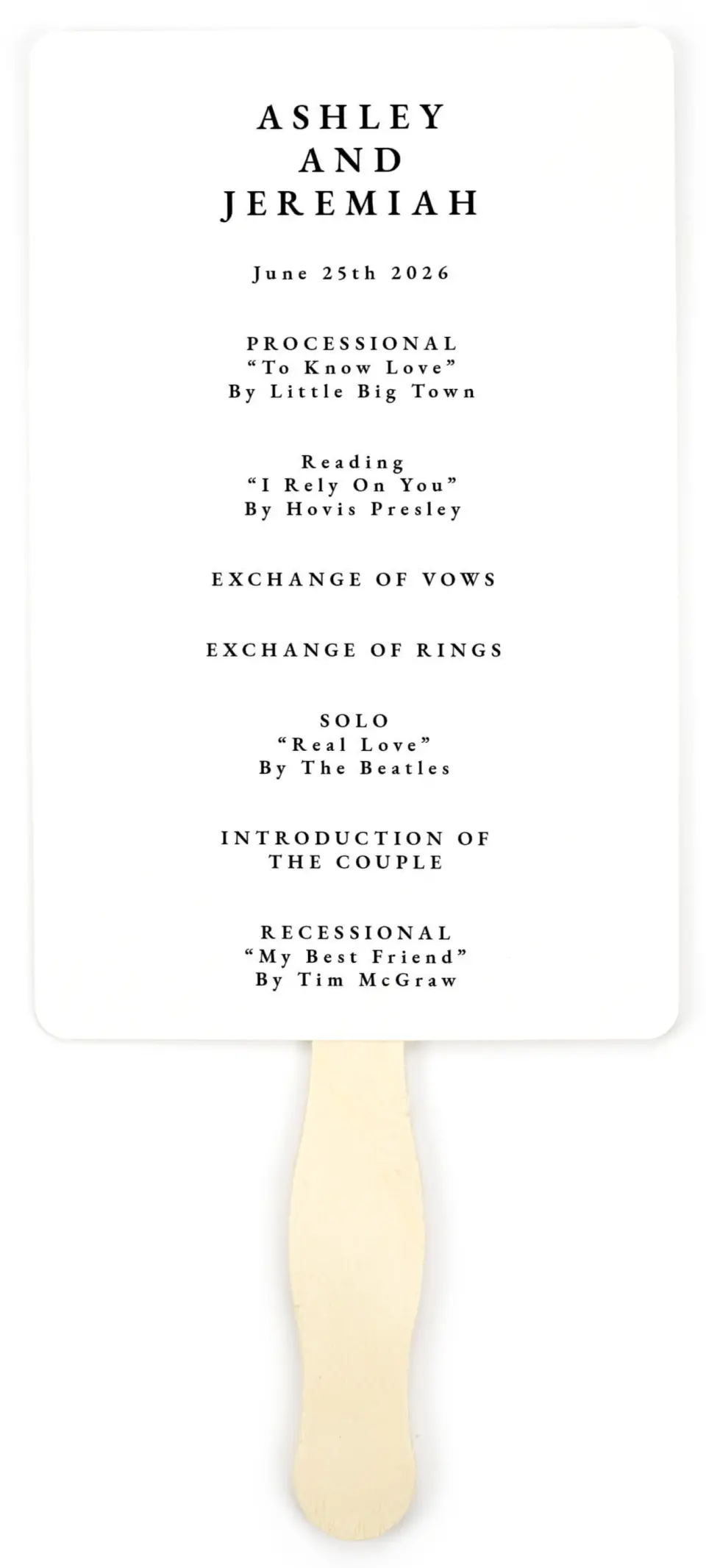 This is a 5" x 7⅞" Wedding Program Fan called Simple Drama printed in full color on Premium Smooth paper