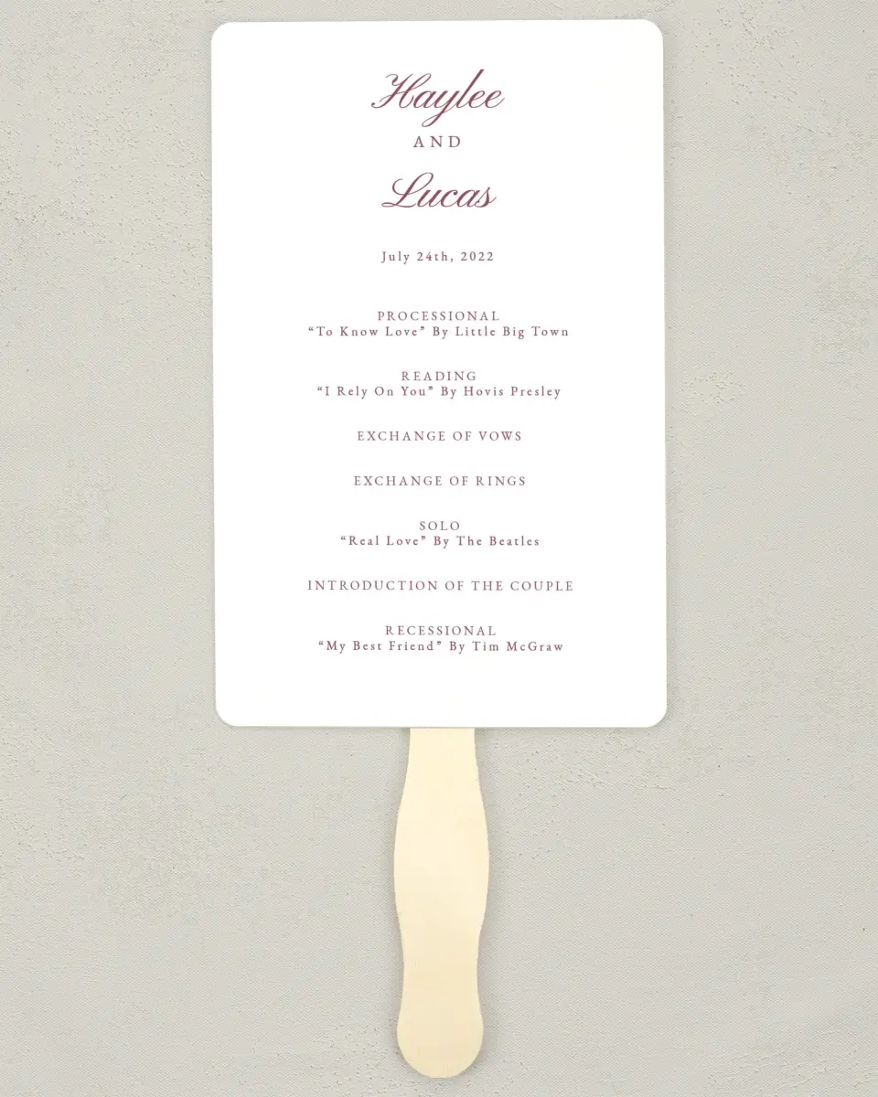This is a 5" x 7⅞" Wedding Program Fan called Quietly Quaint printed in full color on Premium Smooth paper