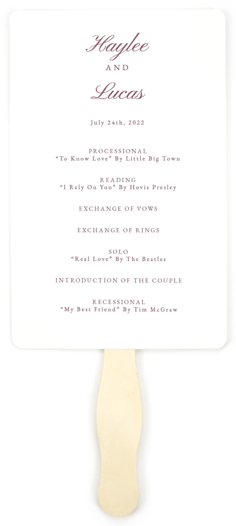 This is a 5" x 7⅞" Wedding Program Fan called Quietly Quaint printed in full color on Premium Smooth paper