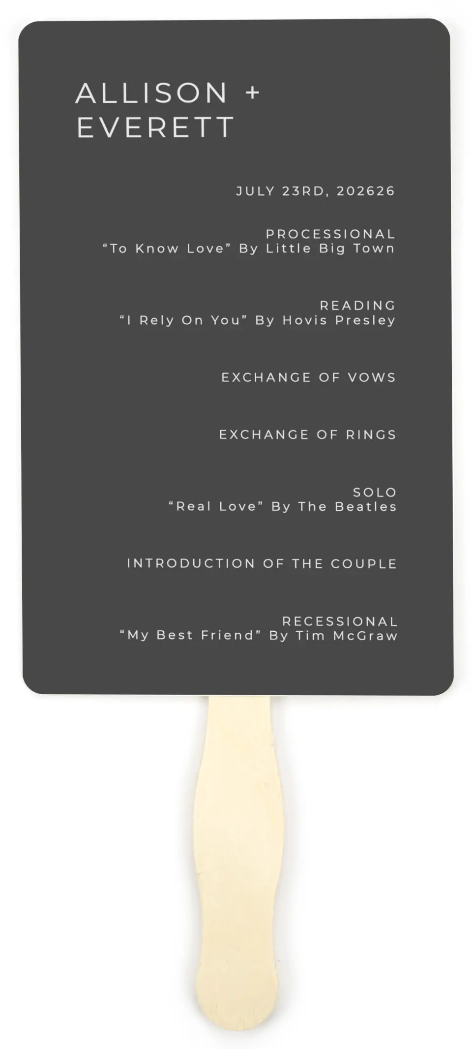 This is a 5" x 7⅞" Wedding Program Fan called Initial Hush printed in full color on Premium Smooth paper