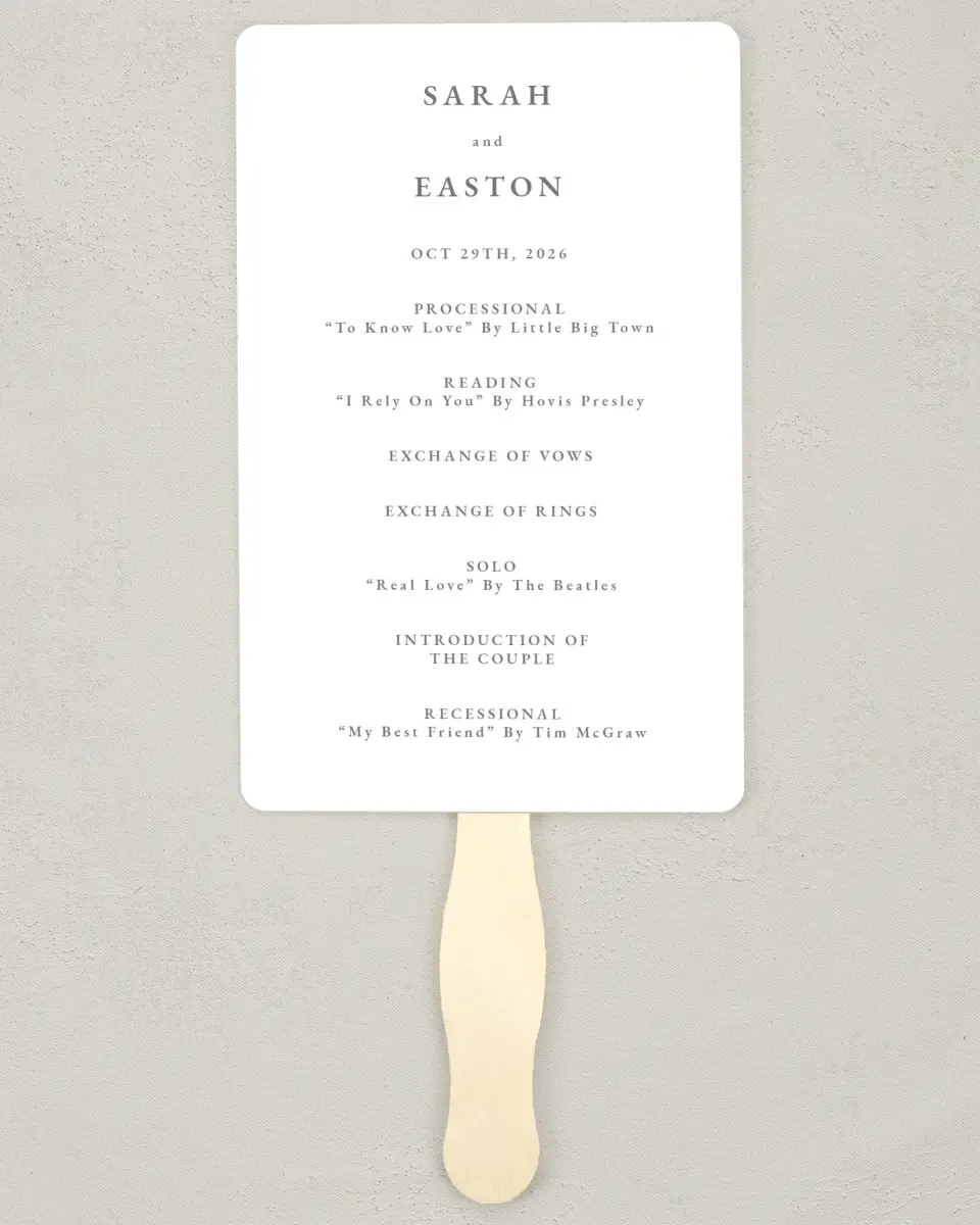 This is a 5" x 7⅞" Wedding Program Fan called Heavenly Harmony printed in full color on Premium Smooth paper