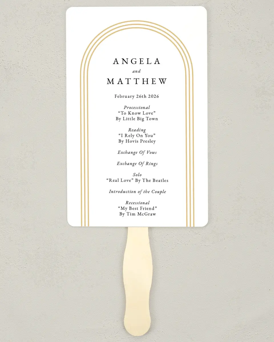 This is a 5" x 7⅞" Wedding Program Fan called Charming Arch printed in full color on Premium Smooth paper