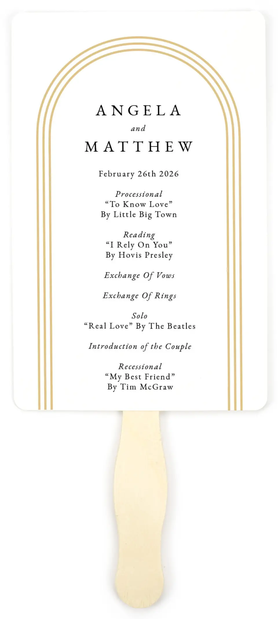 This is a 5" x 7⅞" Wedding Program Fan called Charming Arch printed in full color on Premium Smooth paper