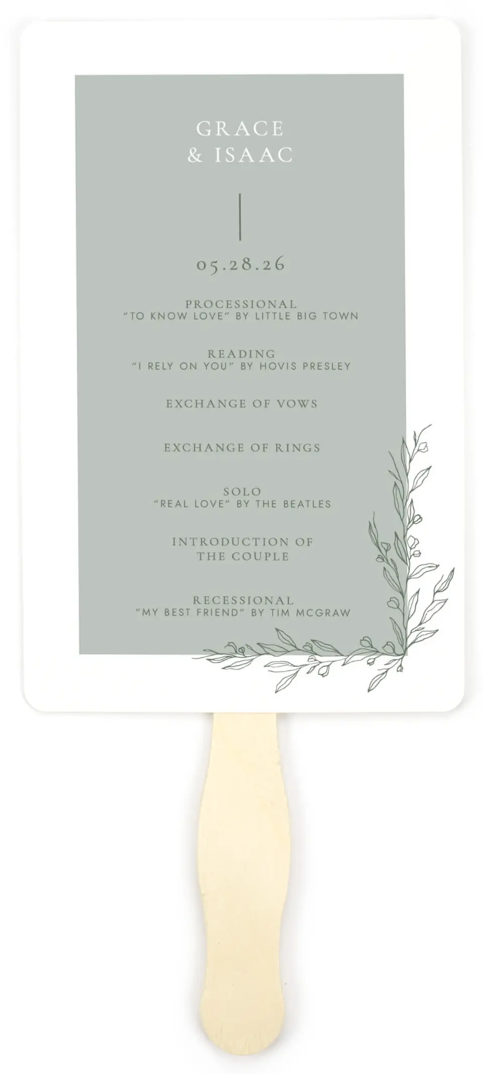 This is a 5" x 7⅞" Wedding Program Fan called Sweet & Neat printed in full color on Premium Smooth paper