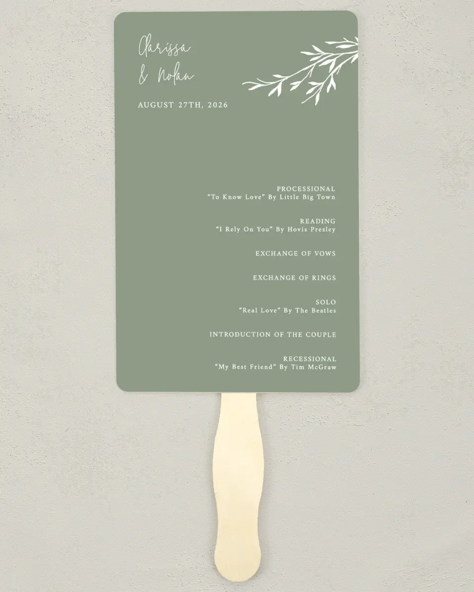 This is a 5" x 7⅞" Wedding Program Fan called Bright Greens printed in full color on Premium Smooth paper