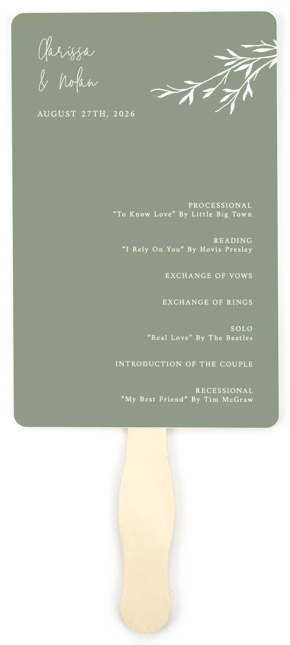 This is a 5" x 7⅞" Wedding Program Fan called Bright Greens printed in full color on Premium Smooth paper