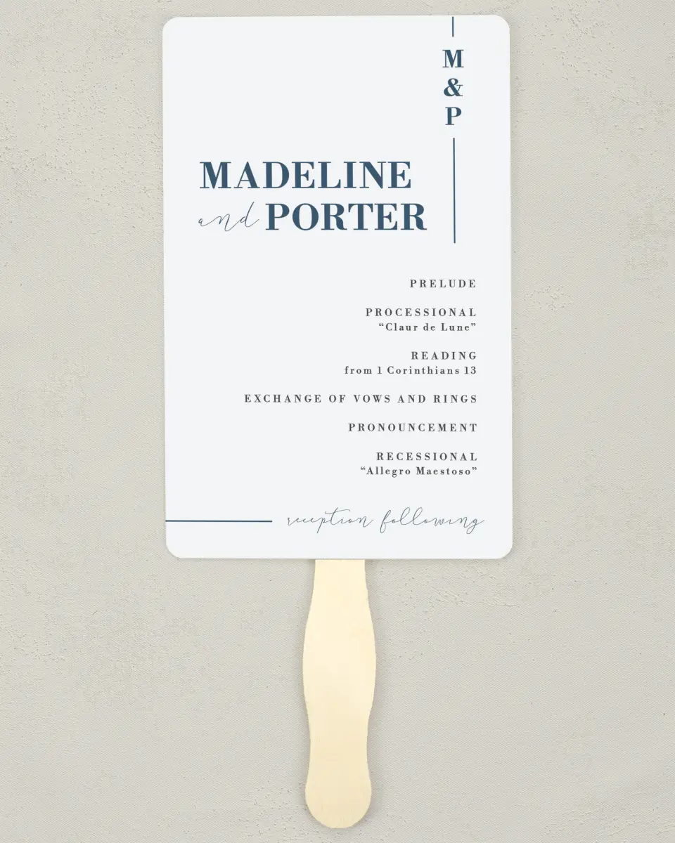 This is a 5" x 7⅞" Wedding Program Fan called For Eternity printed in full color with Rose Gold foil on Luxe Satin (coated) paper