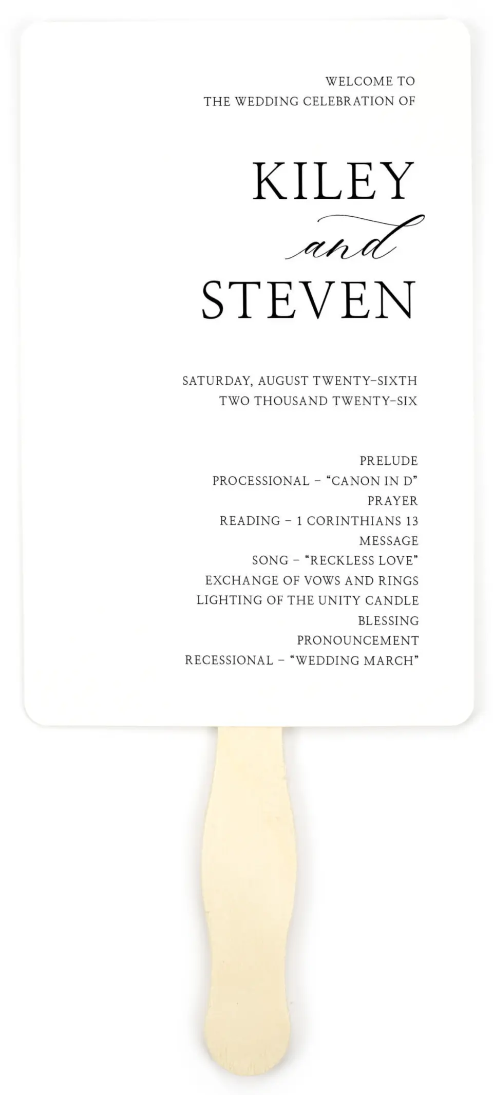 This is a 5" x 7⅞" Wedding Program Fan called Bold Composition printed in full color on Premium Smooth paper