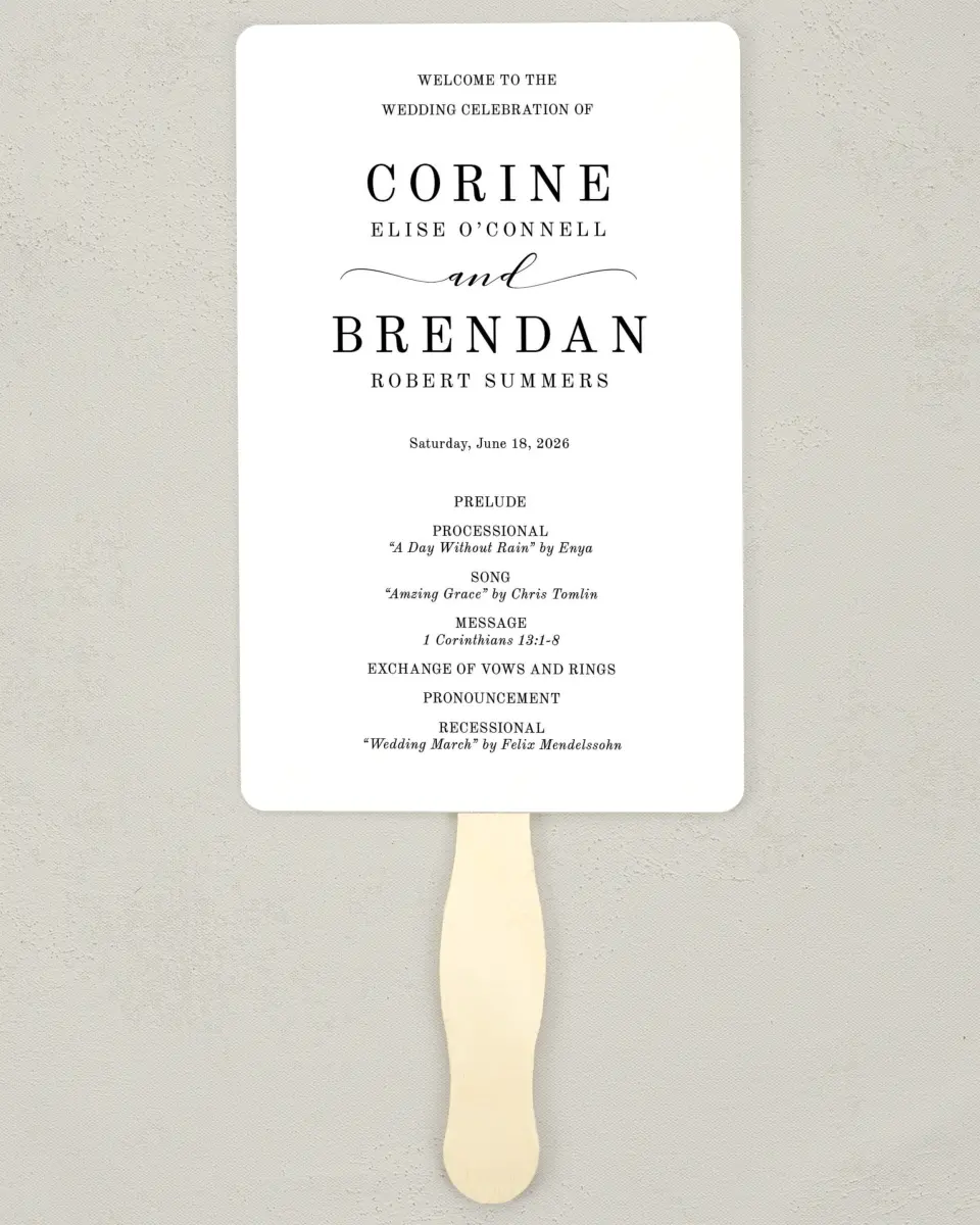 This is a 5" x 7⅞" Wedding Program Fan called Classy Type printed in full color on Premium Smooth paper