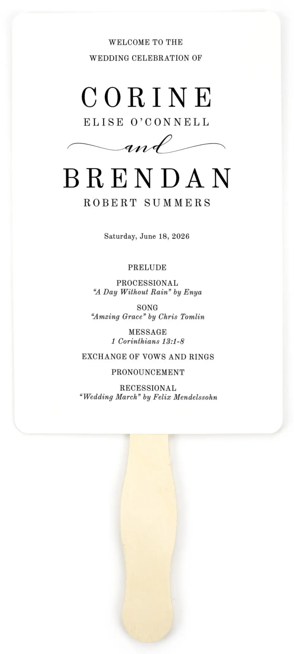 This is a 5" x 7⅞" Wedding Program Fan called Classy Type printed in full color on Premium Smooth paper