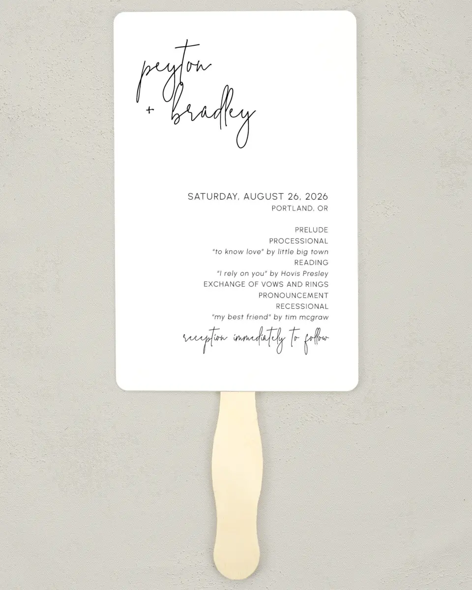 This is a 5" x 7⅞" Wedding Program Fan called Mod Aesthetic printed in full color on Premium Smooth paper