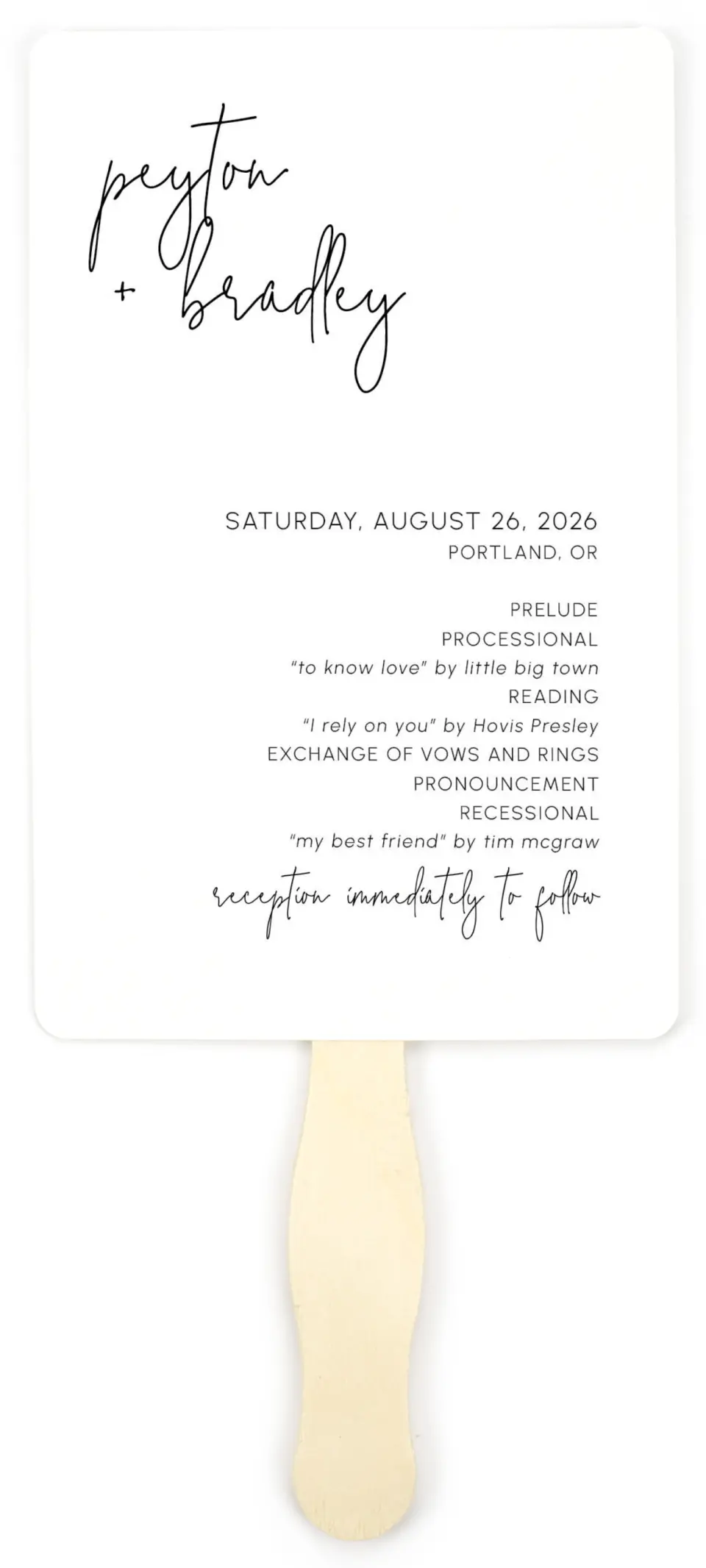 This is a 5" x 7⅞" Wedding Program Fan called Mod Aesthetic printed in full color on Premium Smooth paper