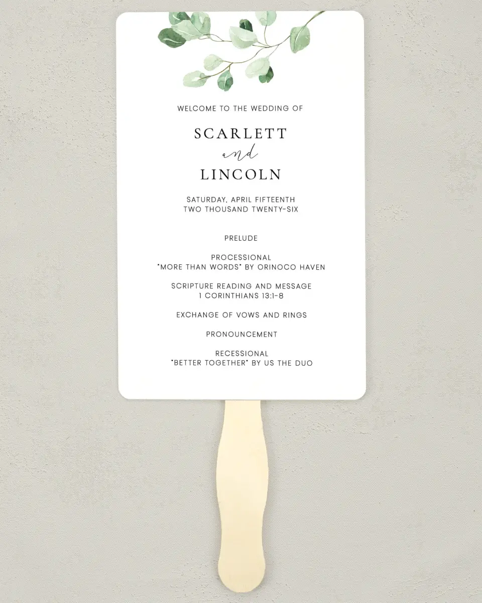 This is a 5" x 7⅞" Wedding Program Fan called Sweet Greenery printed in full color on Premium Smooth paper