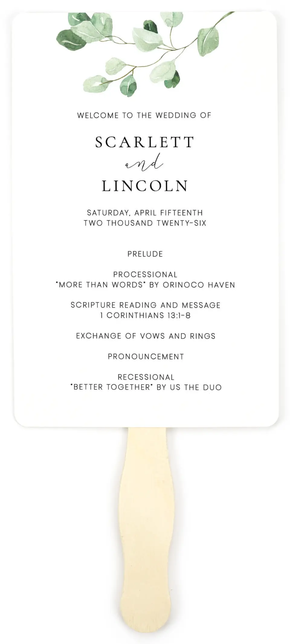 This is a 5" x 7⅞" Wedding Program Fan called Sweet Greenery printed in full color on Premium Smooth paper