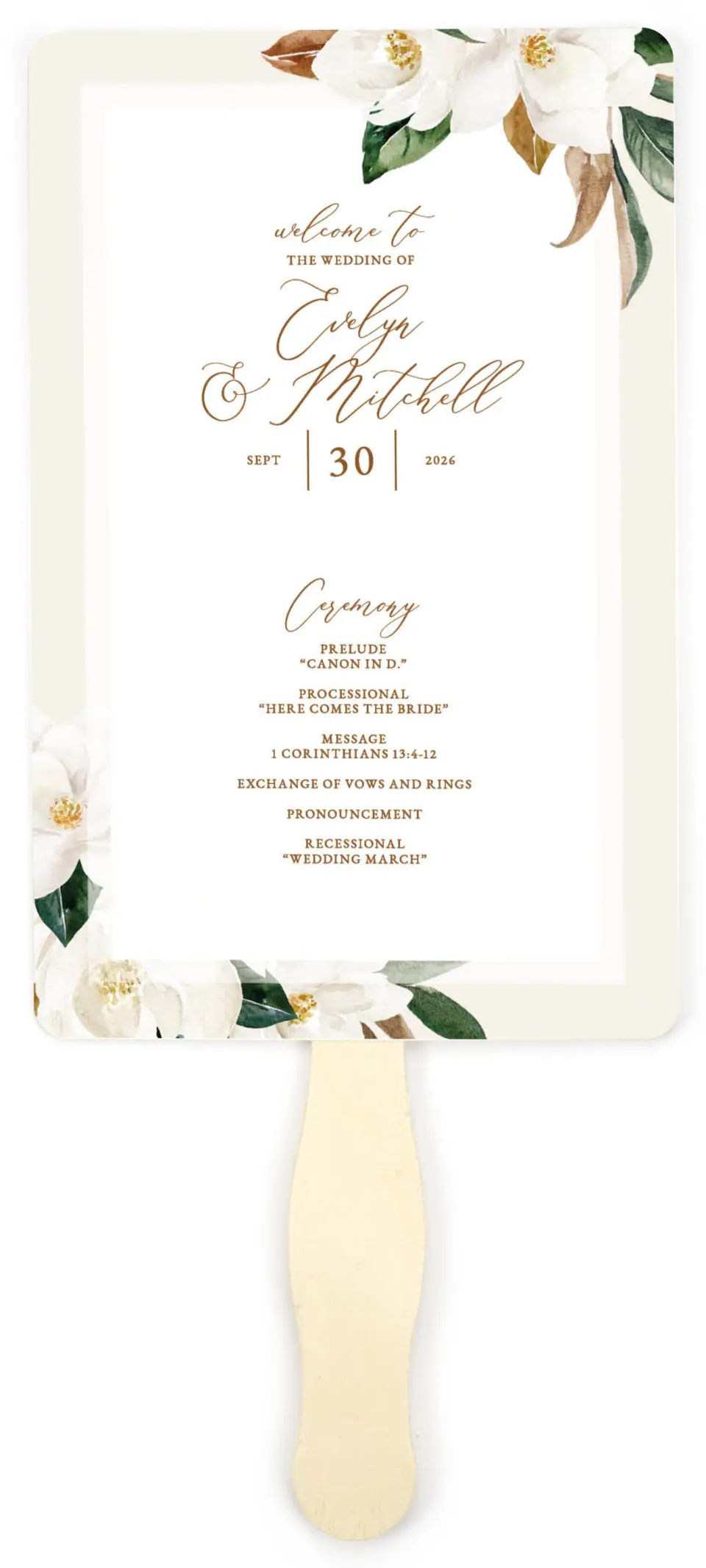 This is a 5" x 7⅞" Wedding Program Fan called Soft Magnolia printed in full color on Premium Smooth paper