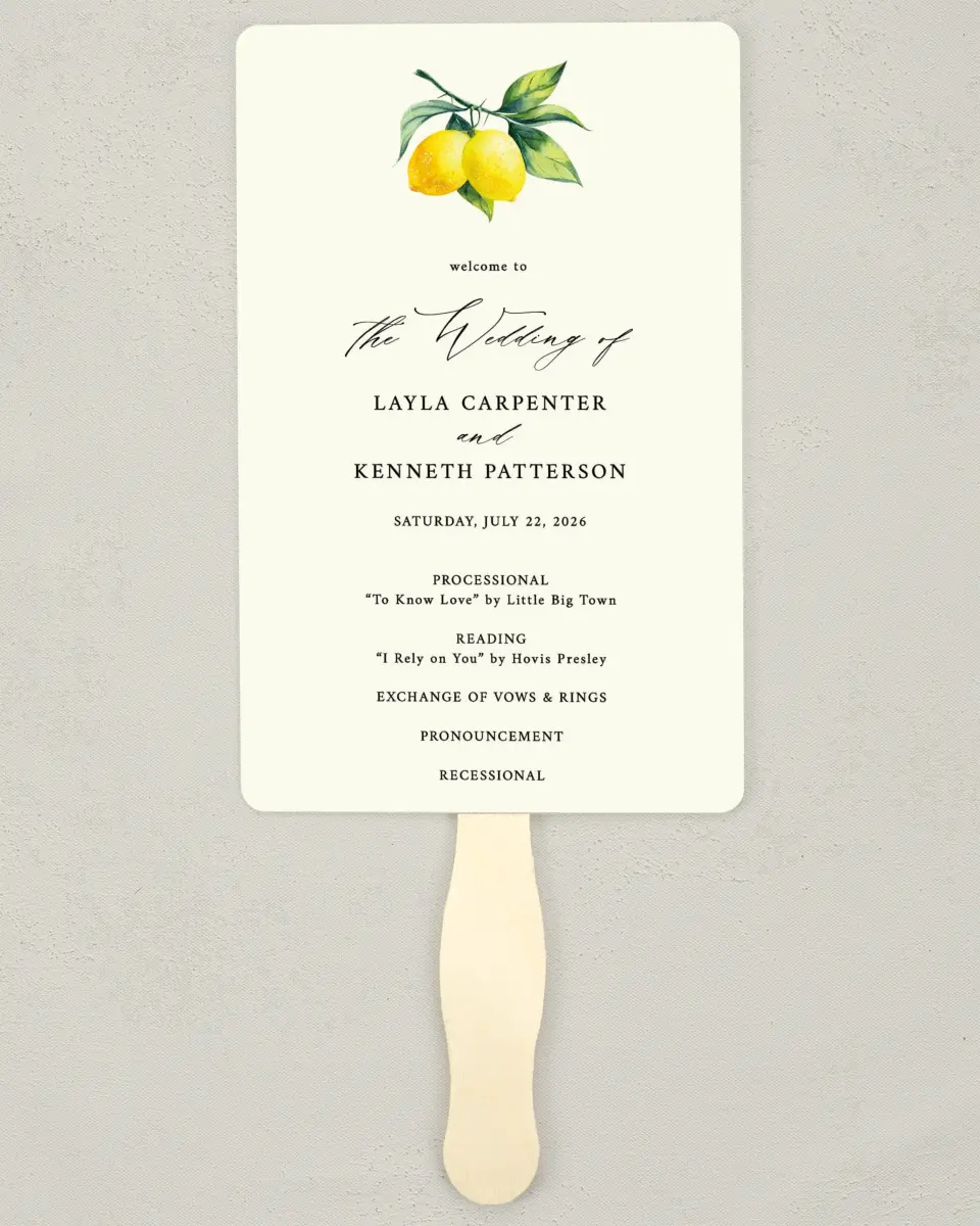 This is a 5" x 7⅞" Wedding Program Fan called Antique Lemon printed in full color on Premium Smooth paper