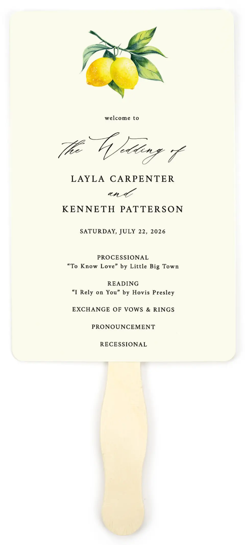 This is a 5" x 7⅞" Wedding Program Fan called Antique Lemon printed in full color on Premium Smooth paper