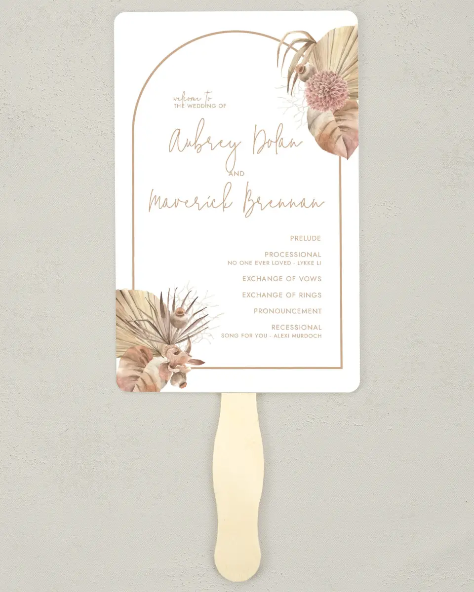 This is a 5" x 7⅞" Wedding Program Fan called Boho Blooms printed in full color on Premium Smooth paper