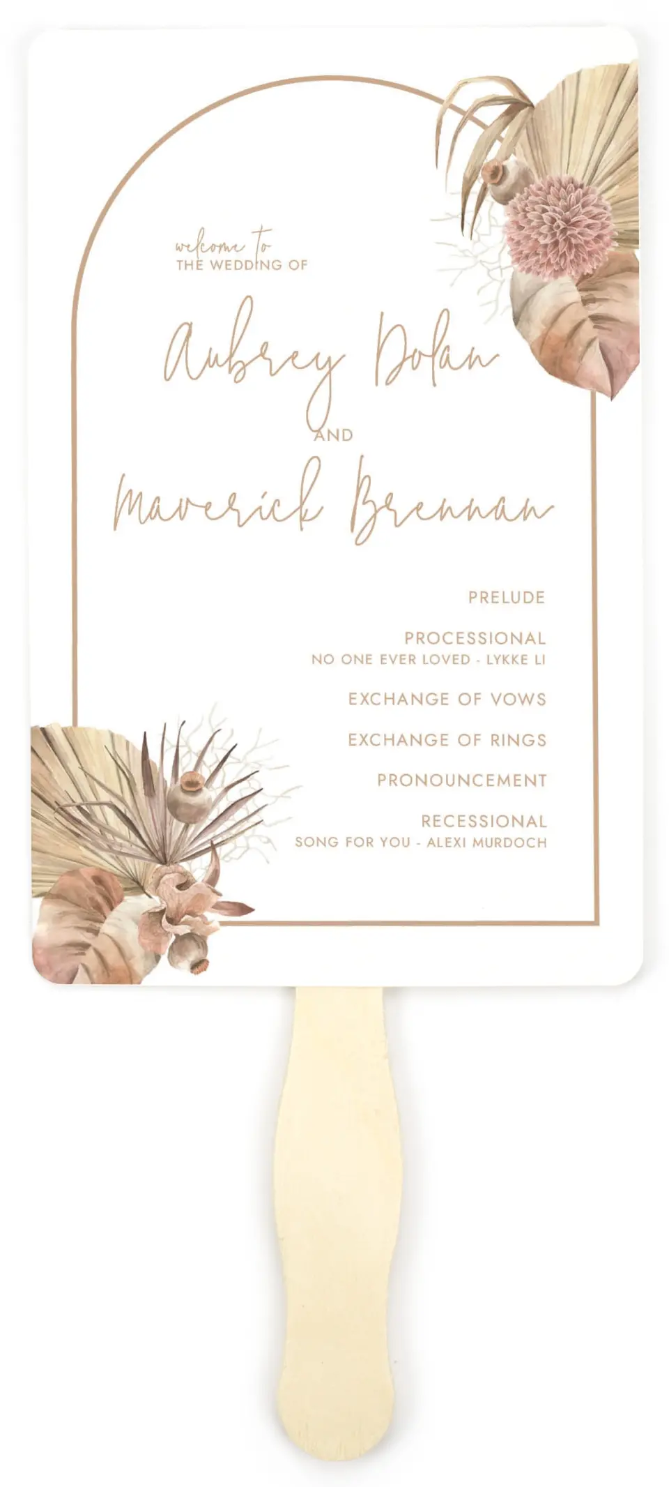 This is a 5" x 7⅞" Wedding Program Fan called Boho Blooms printed in full color on Premium Smooth paper