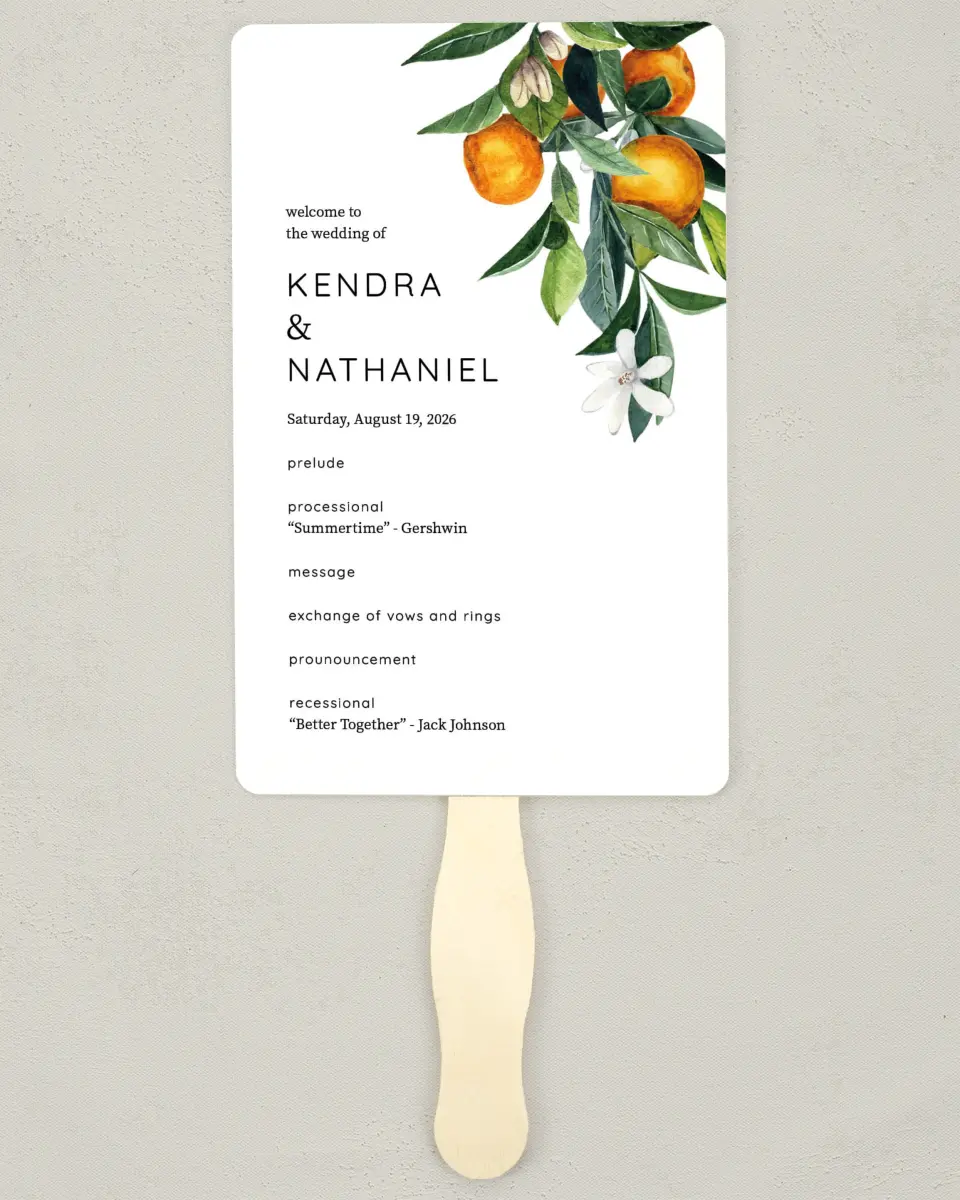 This is a 5" x 7⅞" Wedding Program Fan called Mod Citrus printed in full color on Premium Smooth paper