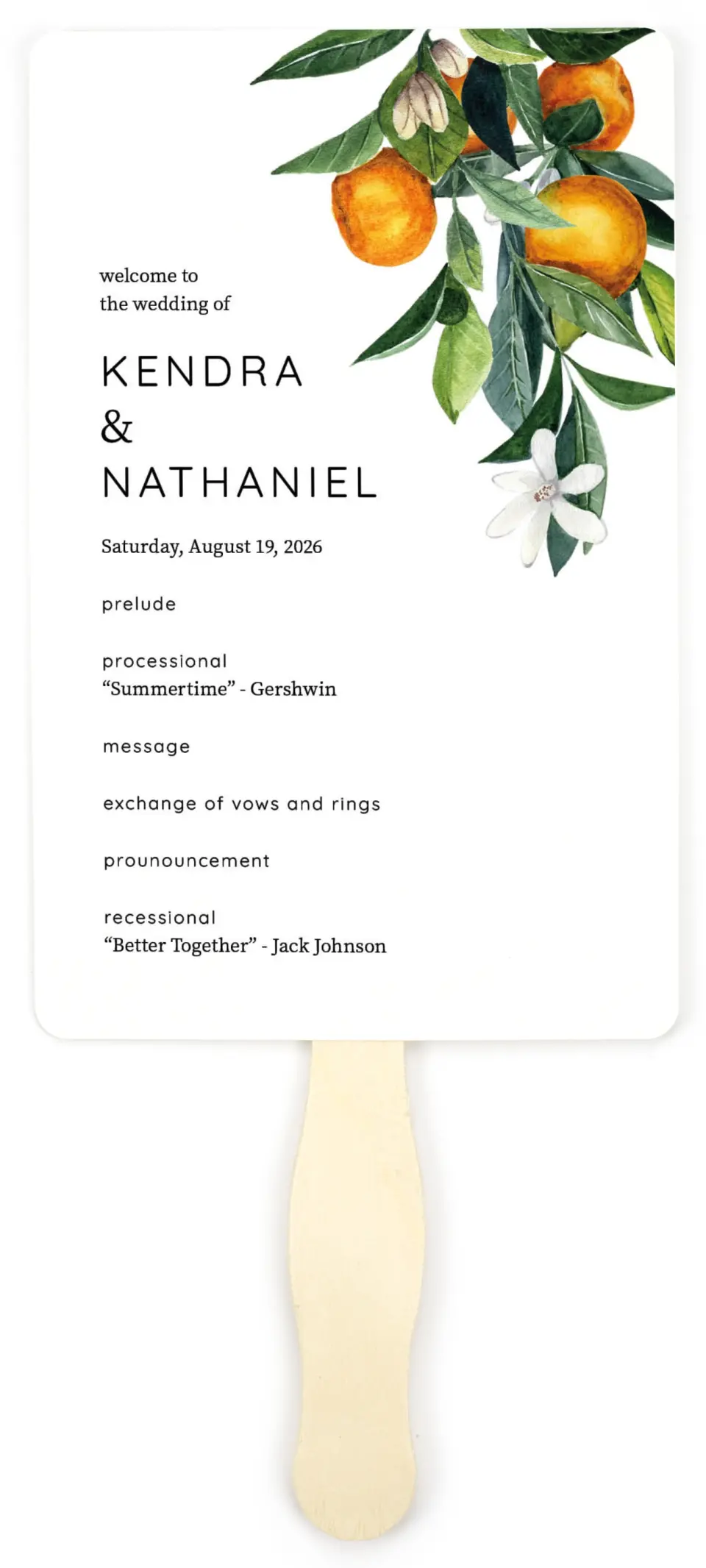 This is a 5" x 7⅞" Wedding Program Fan called Mod Citrus printed in full color on Premium Smooth paper