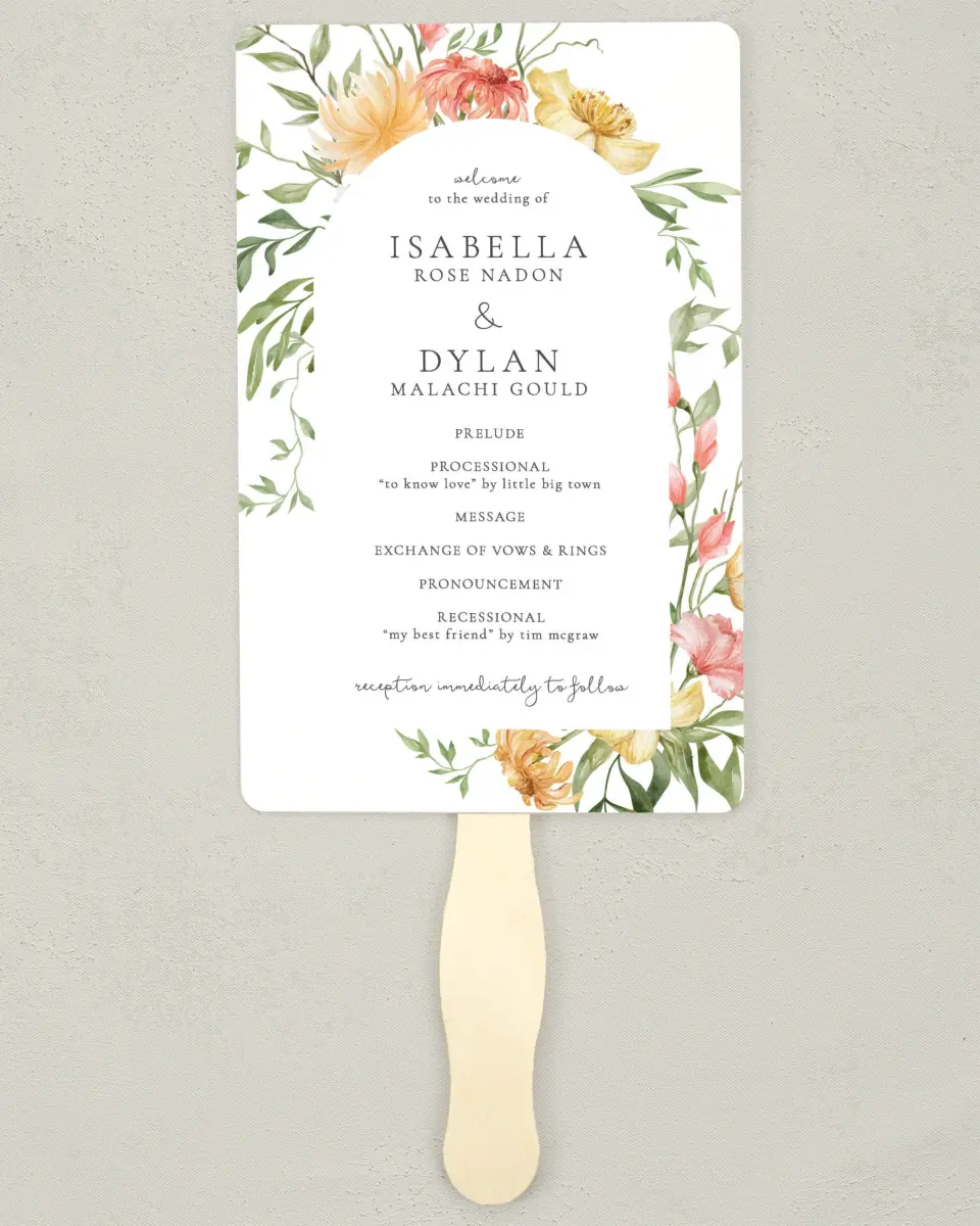 This is a 5" x 7⅞" Wedding Program Fan called Secluded Blooms printed in full color on Premium Smooth paper