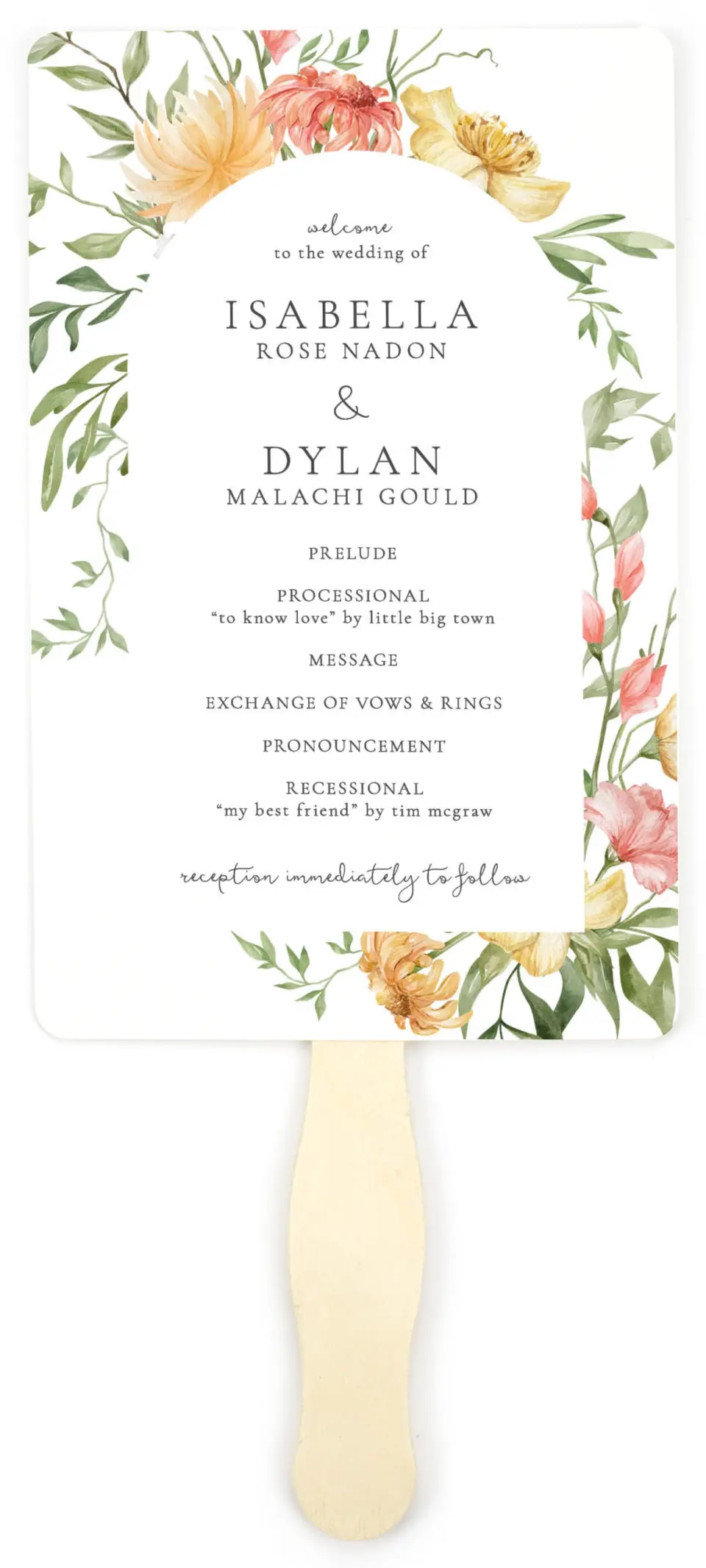 This is a 5" x 7⅞" Wedding Program Fan called Secluded Blooms printed in full color on Premium Smooth paper