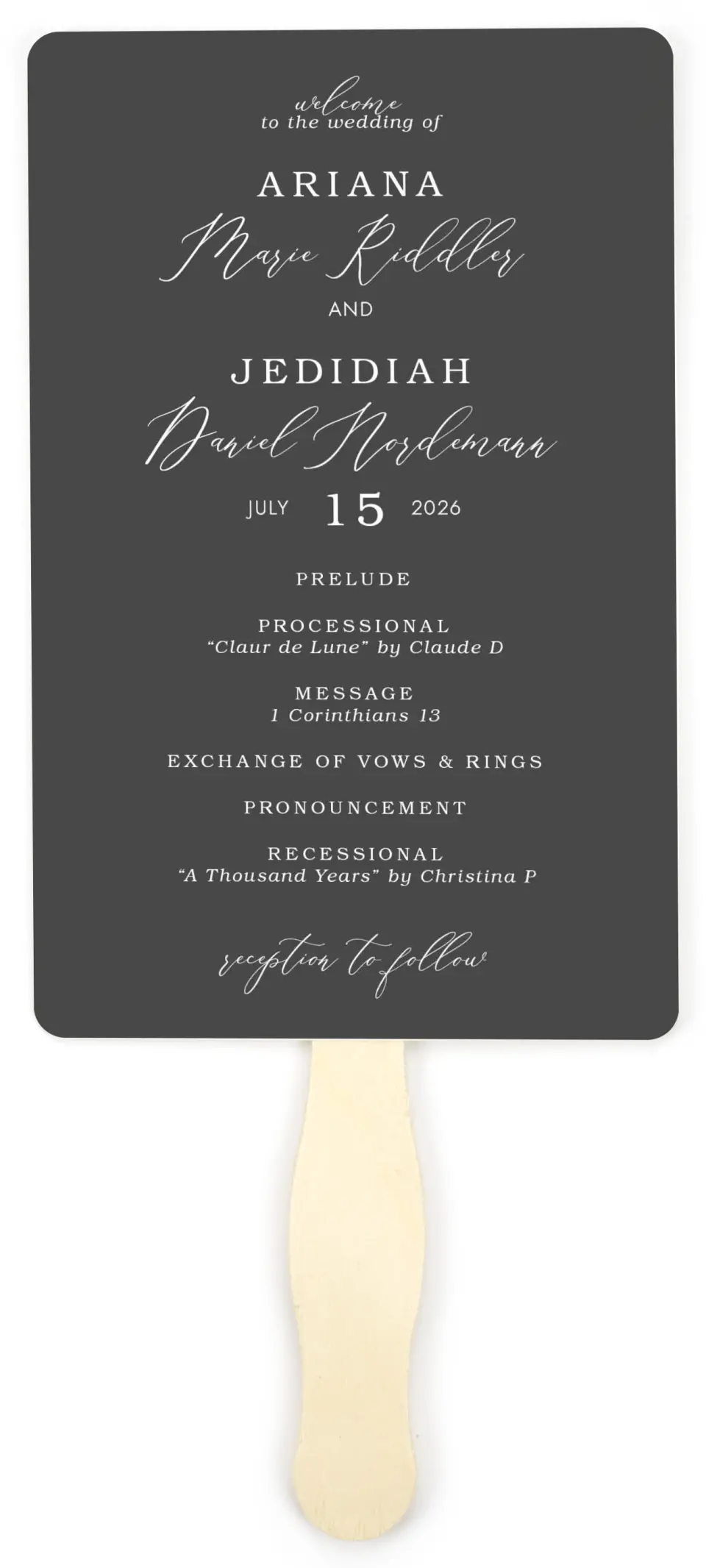 This is a 5" x 7⅞" Wedding Program Fan called Flawless Photo printed in full color on Premium Smooth paper