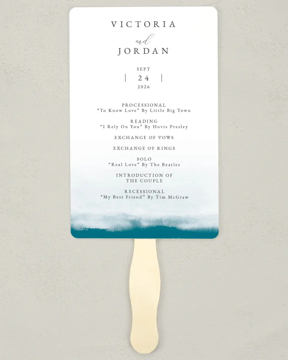 This is a 5" x 7⅞" Wedding Program Fan called Shore Impression printed in full color on Premium Smooth paper