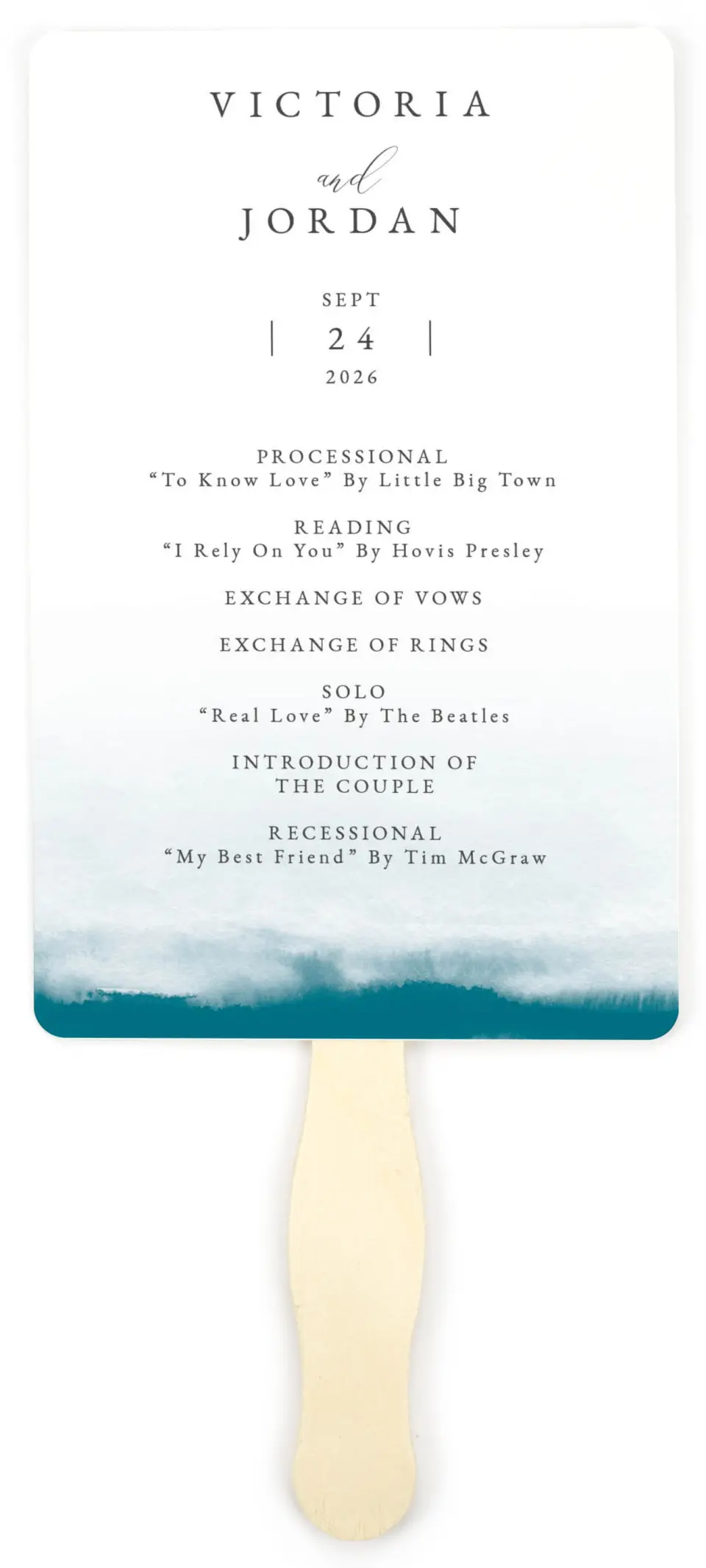 This is a 5" x 7⅞" Wedding Program Fan called Shore Impression printed in full color on Premium Smooth paper