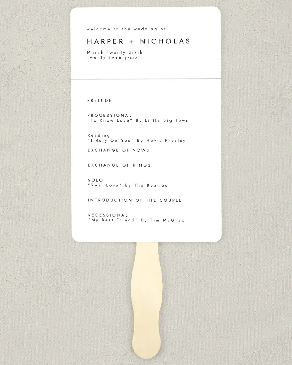 This is a 5" x 7⅞" Wedding Program Fan called Spacious Idea printed in full color on Premium Smooth paper