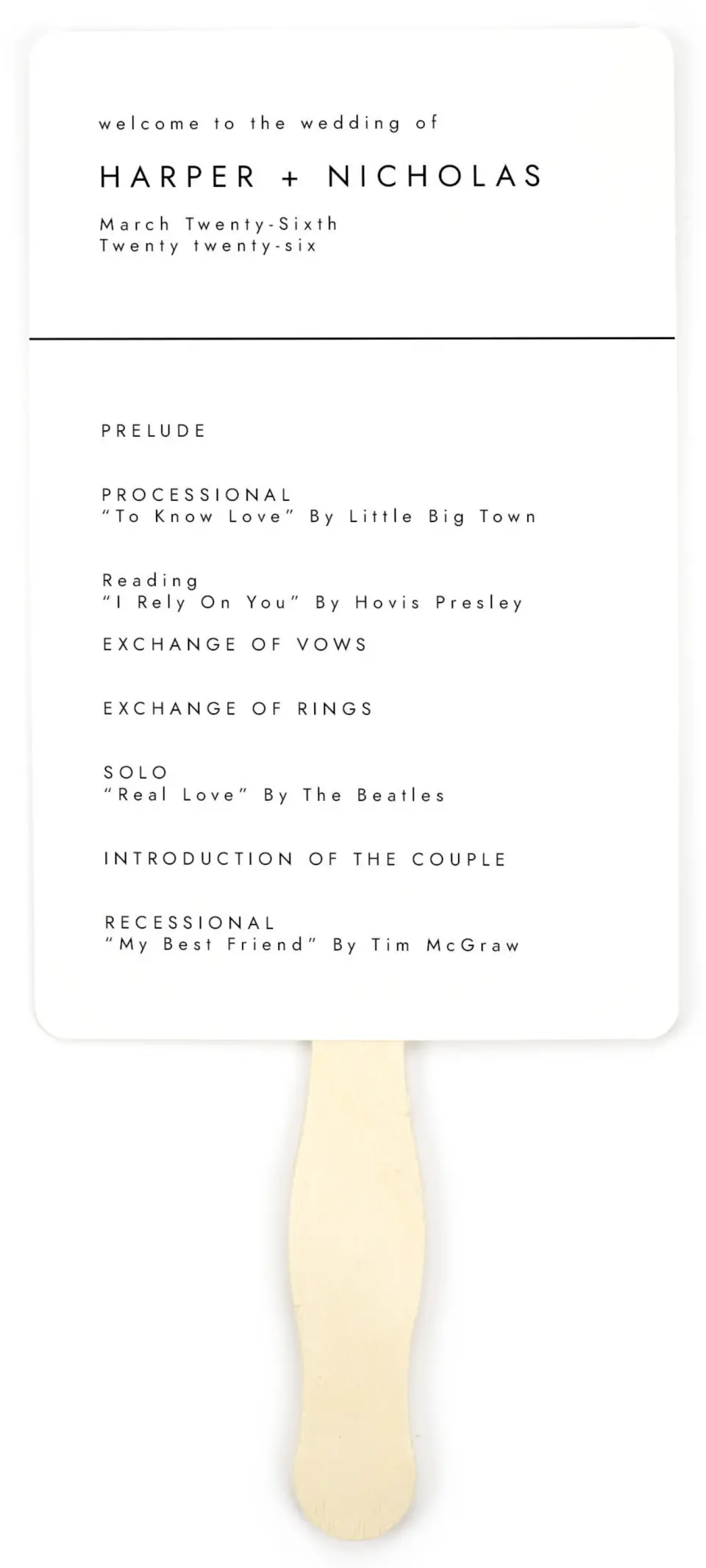 This is a 5" x 7⅞" Wedding Program Fan called Spacious Idea printed in full color on Premium Smooth paper