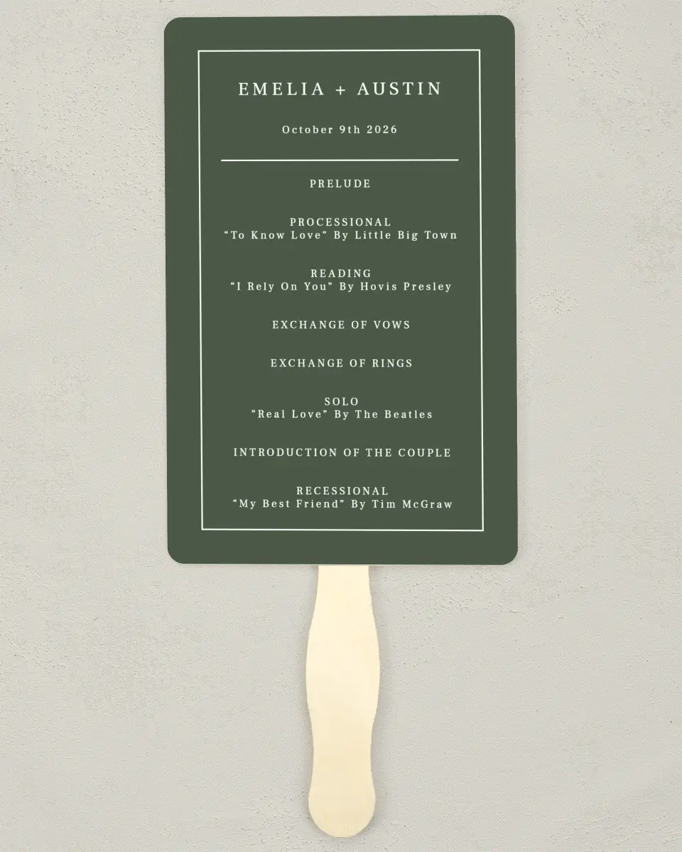 This is a 5" x 7⅞" Wedding Program Fan called Magnificent Margin printed in full color on Premium Smooth paper