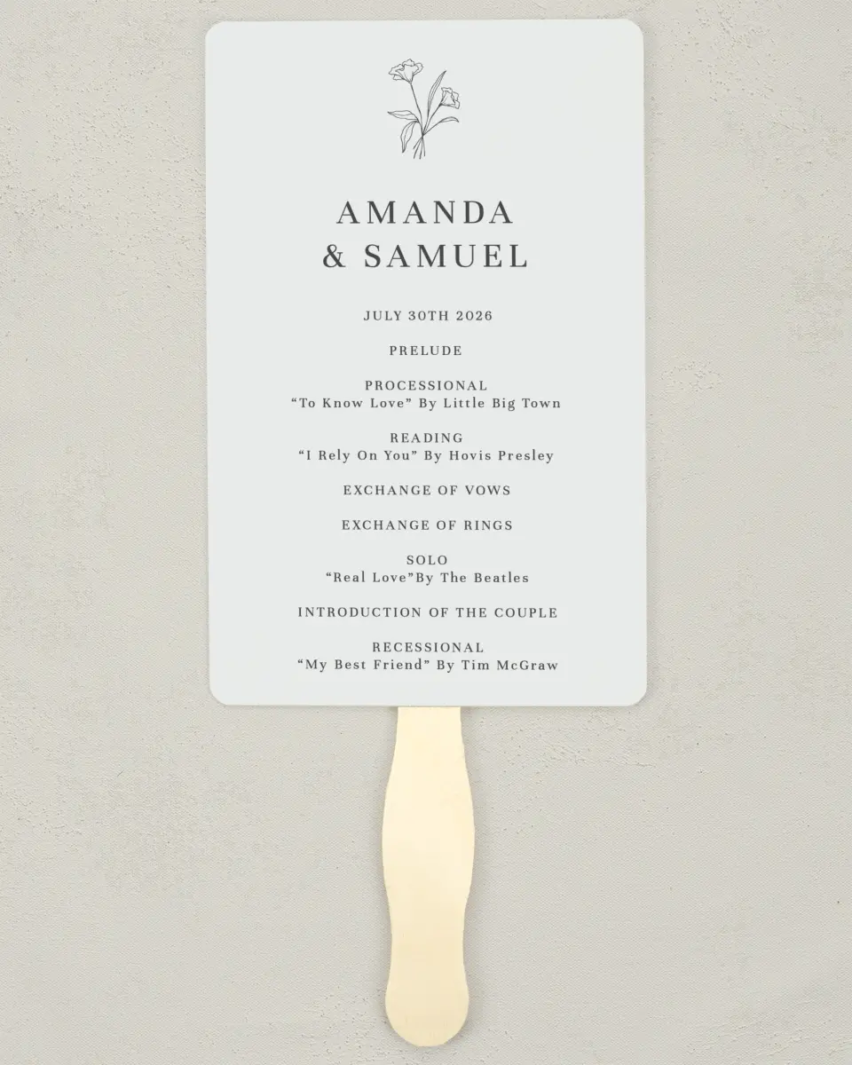 This is a 5" x 7⅞" Wedding Program Fan called Monogram Bloom printed in full color on Premium Smooth paper