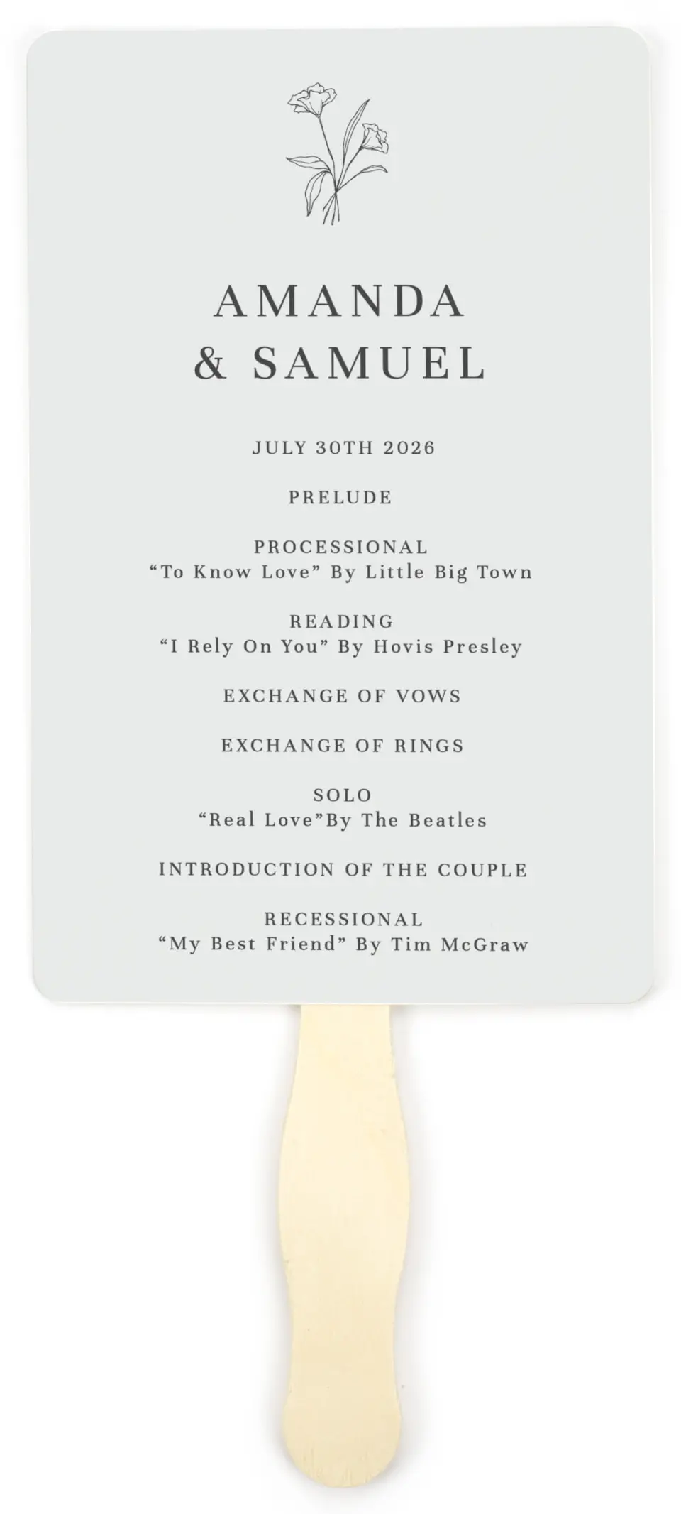 This is a 5" x 7⅞" Wedding Program Fan called Monogram Bloom printed in full color on Premium Smooth paper