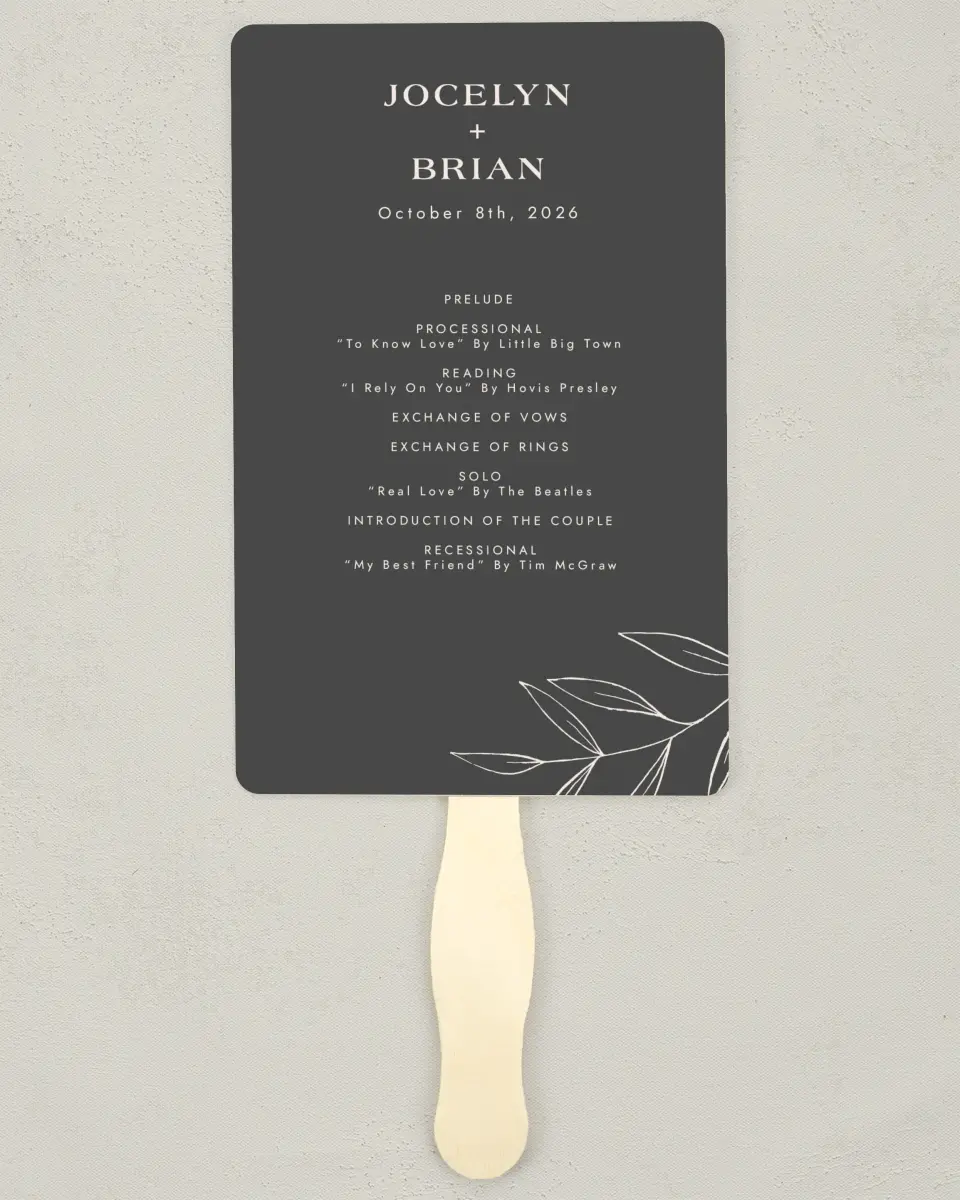 This is a 5" x 7⅞" Wedding Program Fan called Dazzling Moment printed in full color on Premium Smooth paper