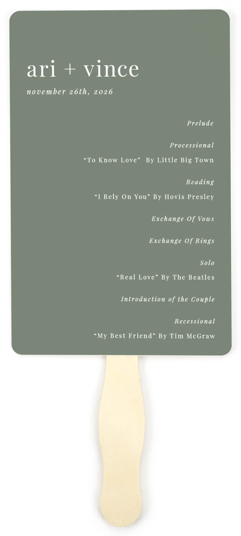 This is a 5" x 7⅞" Wedding Program Fan called Darling Digest printed in full color on Premium Smooth paper