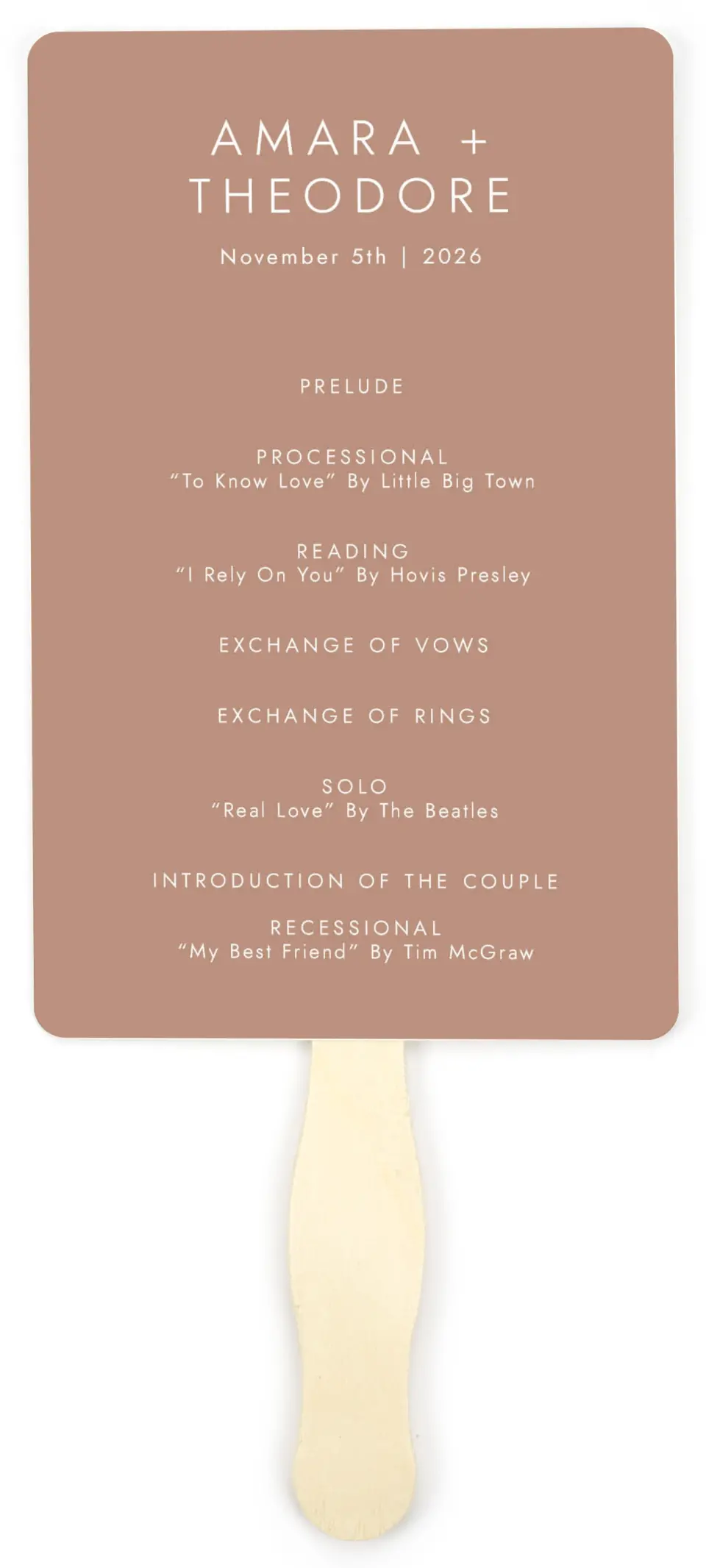 This is a 5" x 7⅞" Wedding Program Fan called Stacked Pair printed in full color on Premium Smooth paper