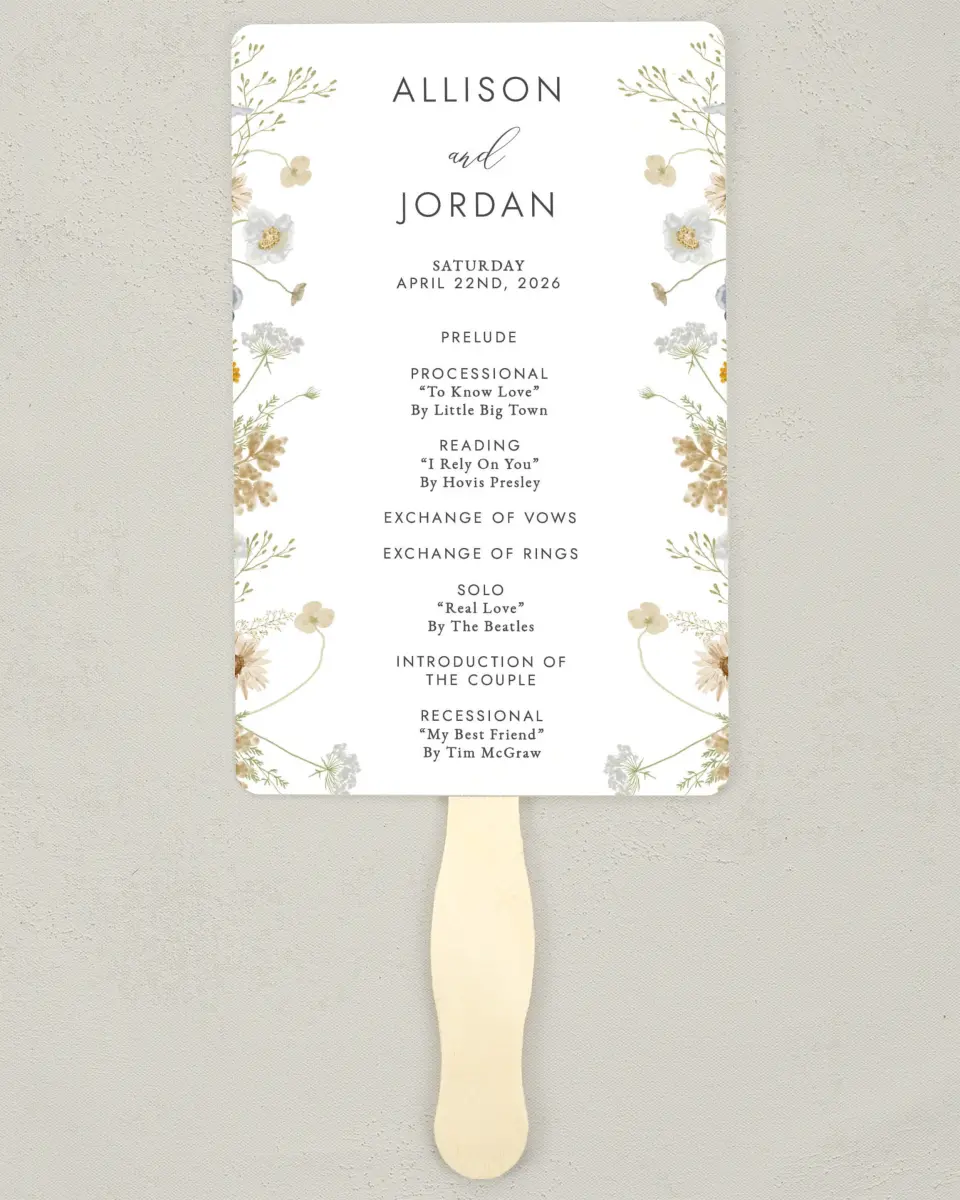 This is a 5" x 7⅞" Wedding Program Fan called Tender Blooms printed in full color on Premium Smooth paper