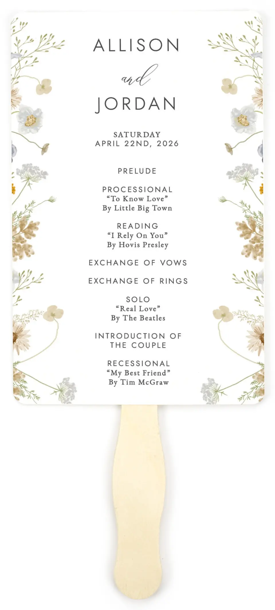 This is a 5" x 7⅞" Wedding Program Fan called Tender Blooms printed in full color on Premium Smooth paper