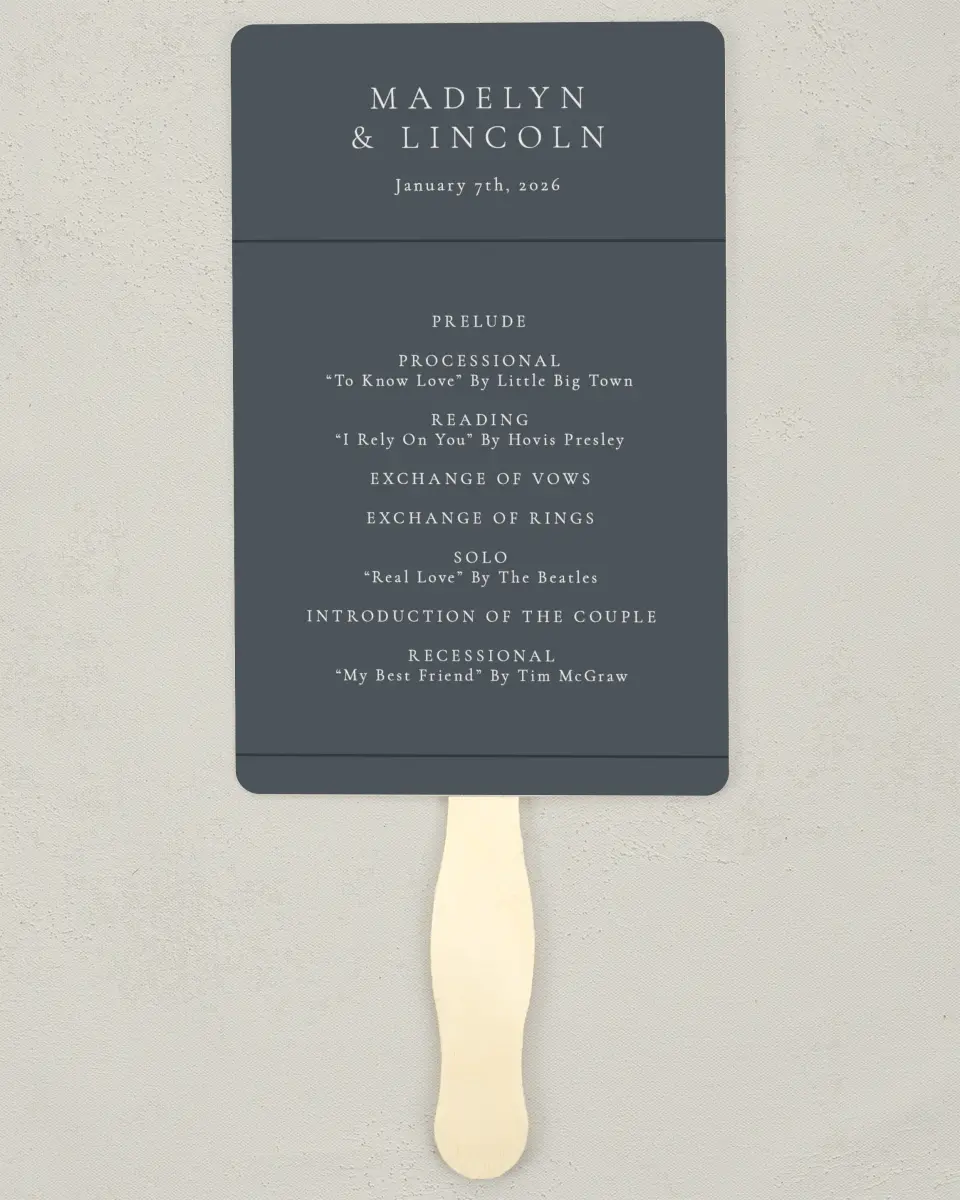 This is a 5" x 7⅞" Wedding Program Fan called Subtle Wreath printed in full color on Premium Smooth paper